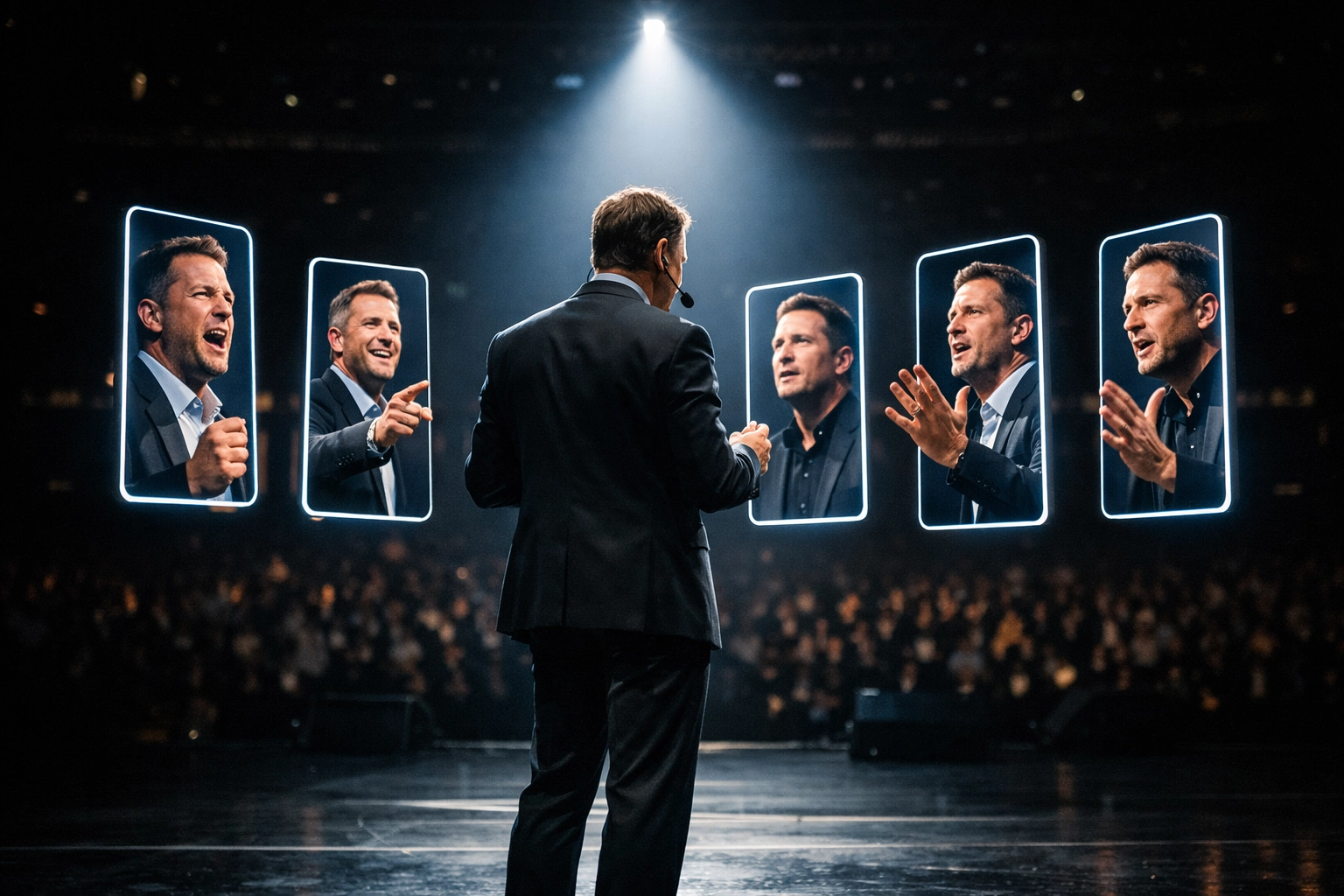 Professional speaker on stage being captured in vertical video frames for social media reels.