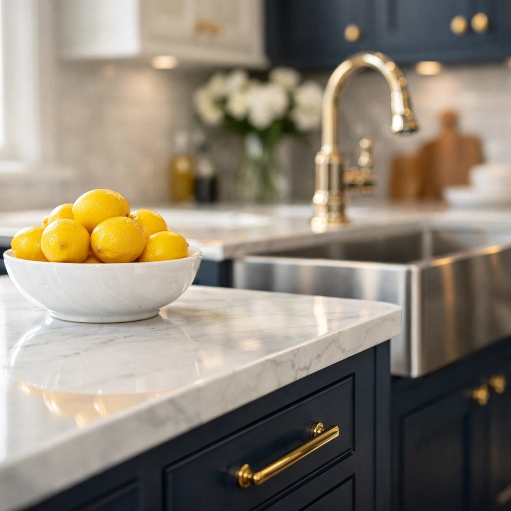 Spotless luxury kitchen with polished marble countertops and clean cabinetry in a Wellesley home.