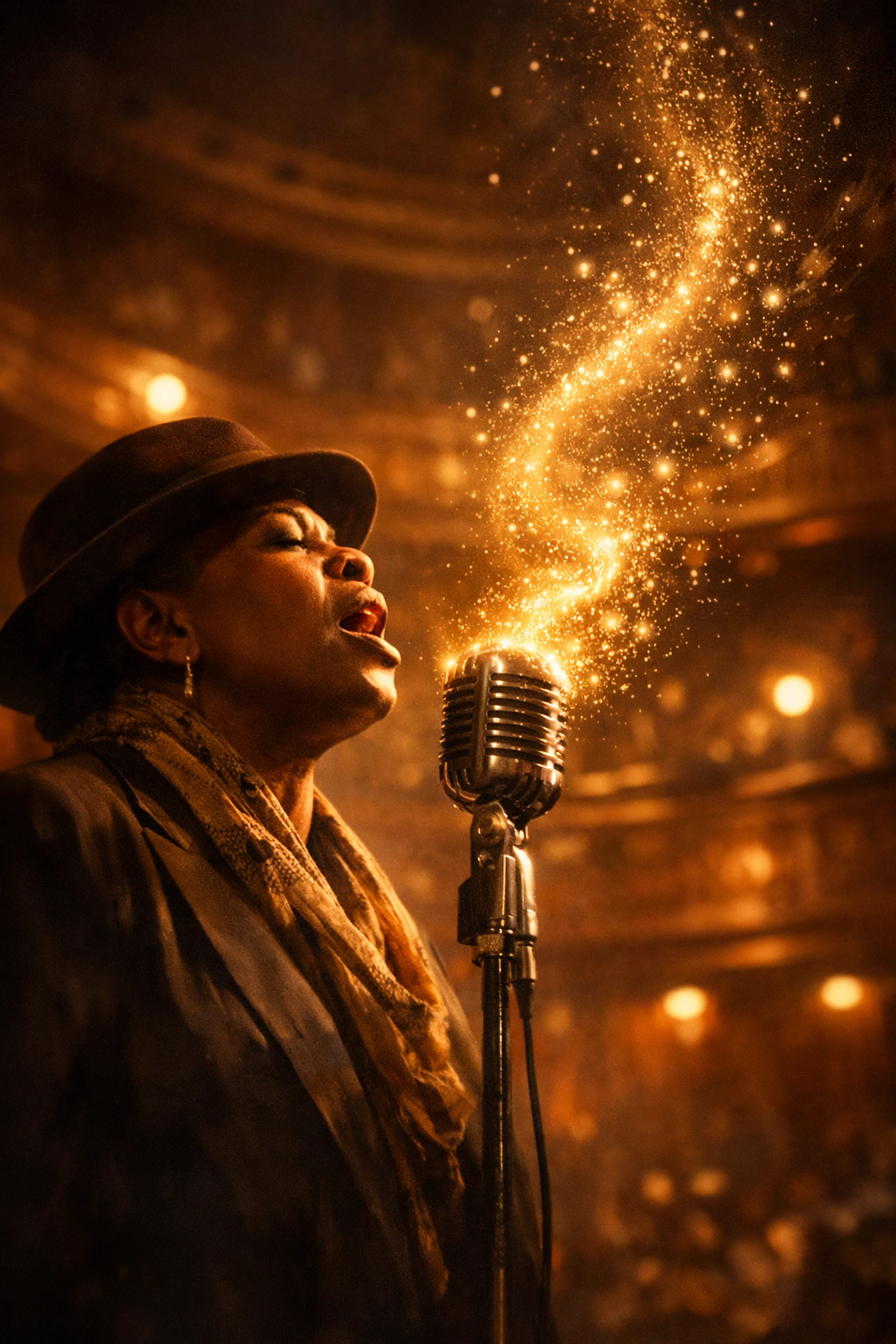 Spoken word poetry performer at a vintage microphone on stage, symbolizing breaking the silence.