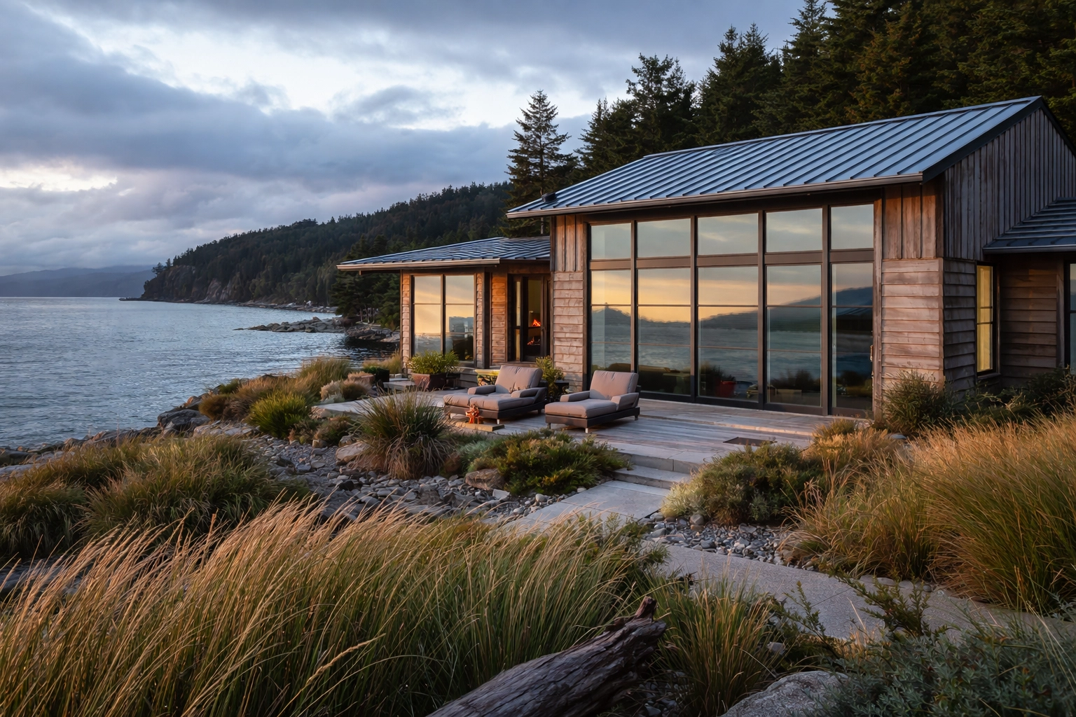 Contemporary waterfront home with weathered cedar siding and large windows, built for coastal durability on the Washington coast