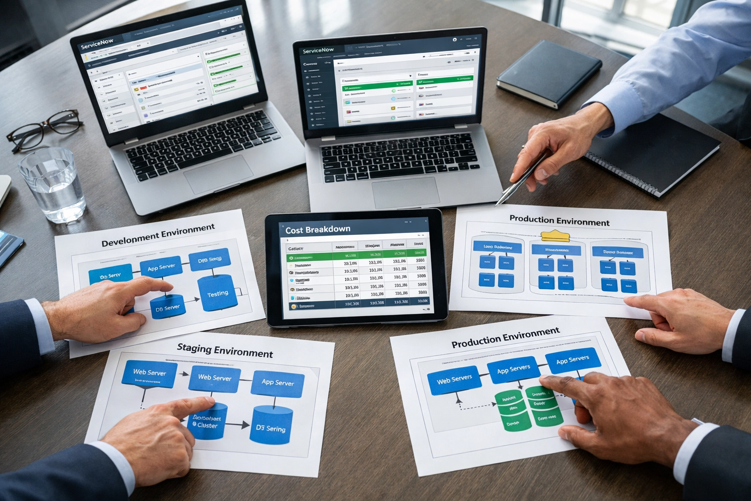 Team planning ServiceNow implementation architecture with cost breakdowns and environment diagrams