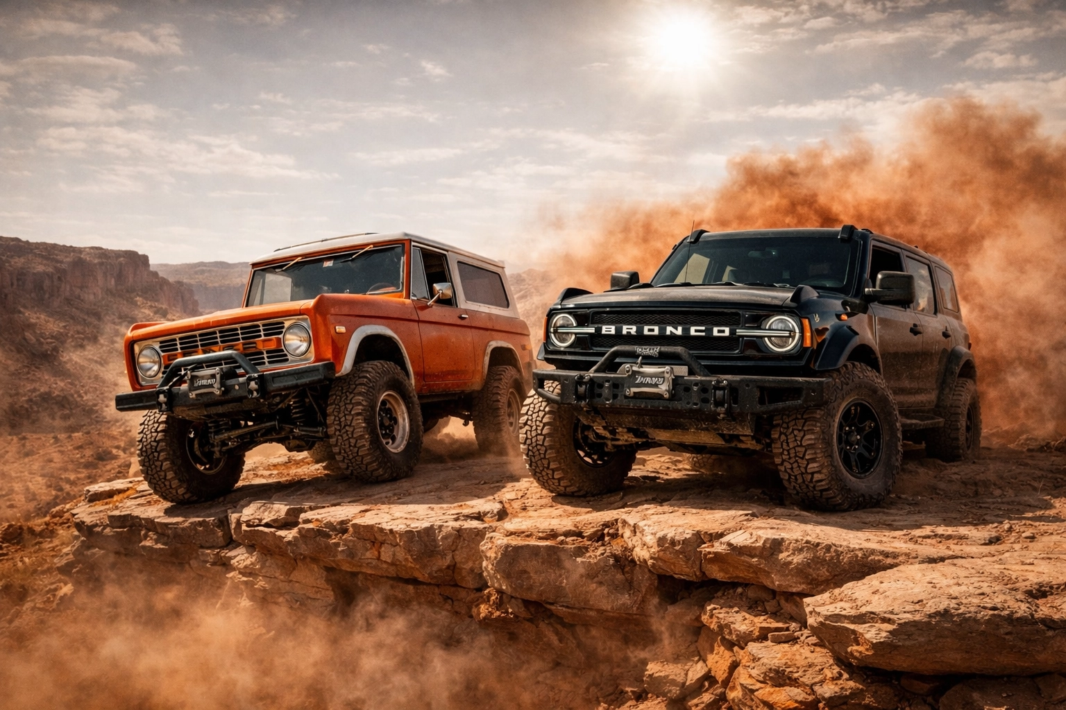 Vintage and modern Ford Broncos on a desert rock ledge during the 2026 Bronco Safari in Vernal, Utah.
