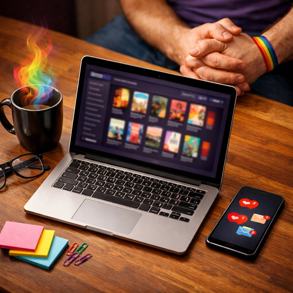 Two men shopping for exclusive LGBTQ+ ebooks online at Read with Pride platform