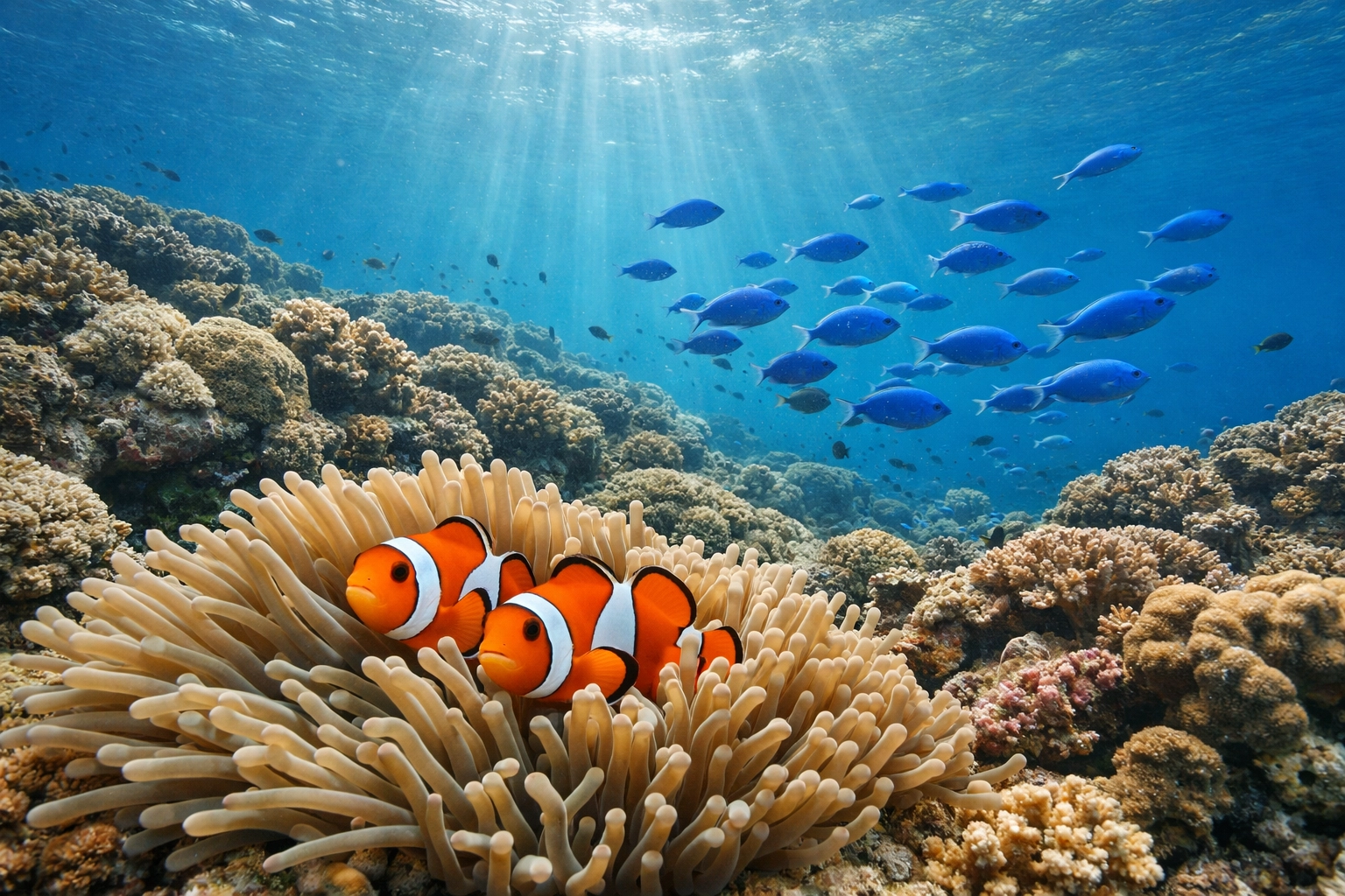 Detailed view of a coral reef ecosystem with clownfish for professional aquarium branding.