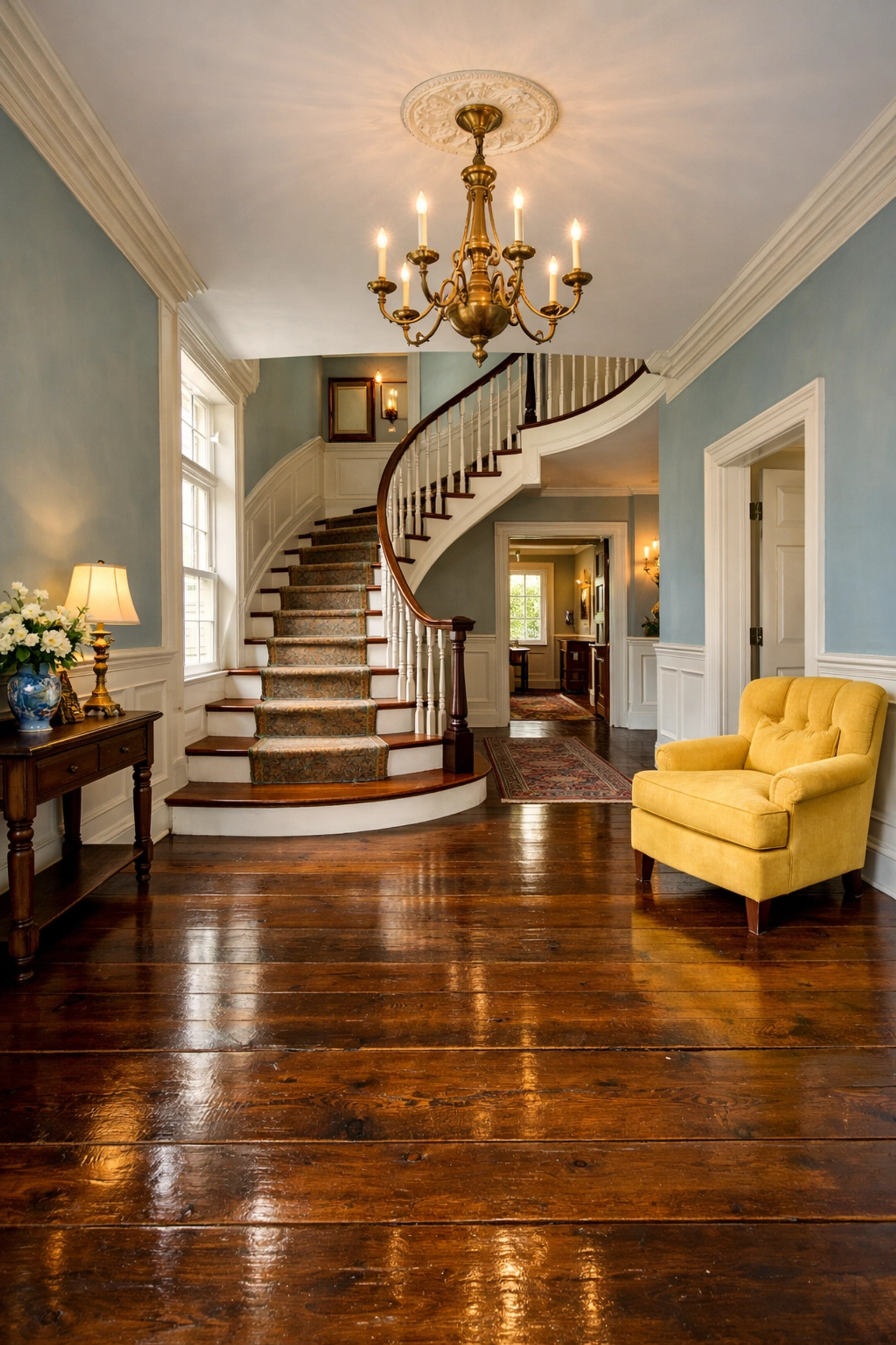 Meticulously cleaned foyer with dark wood floors in a historic Concord home.