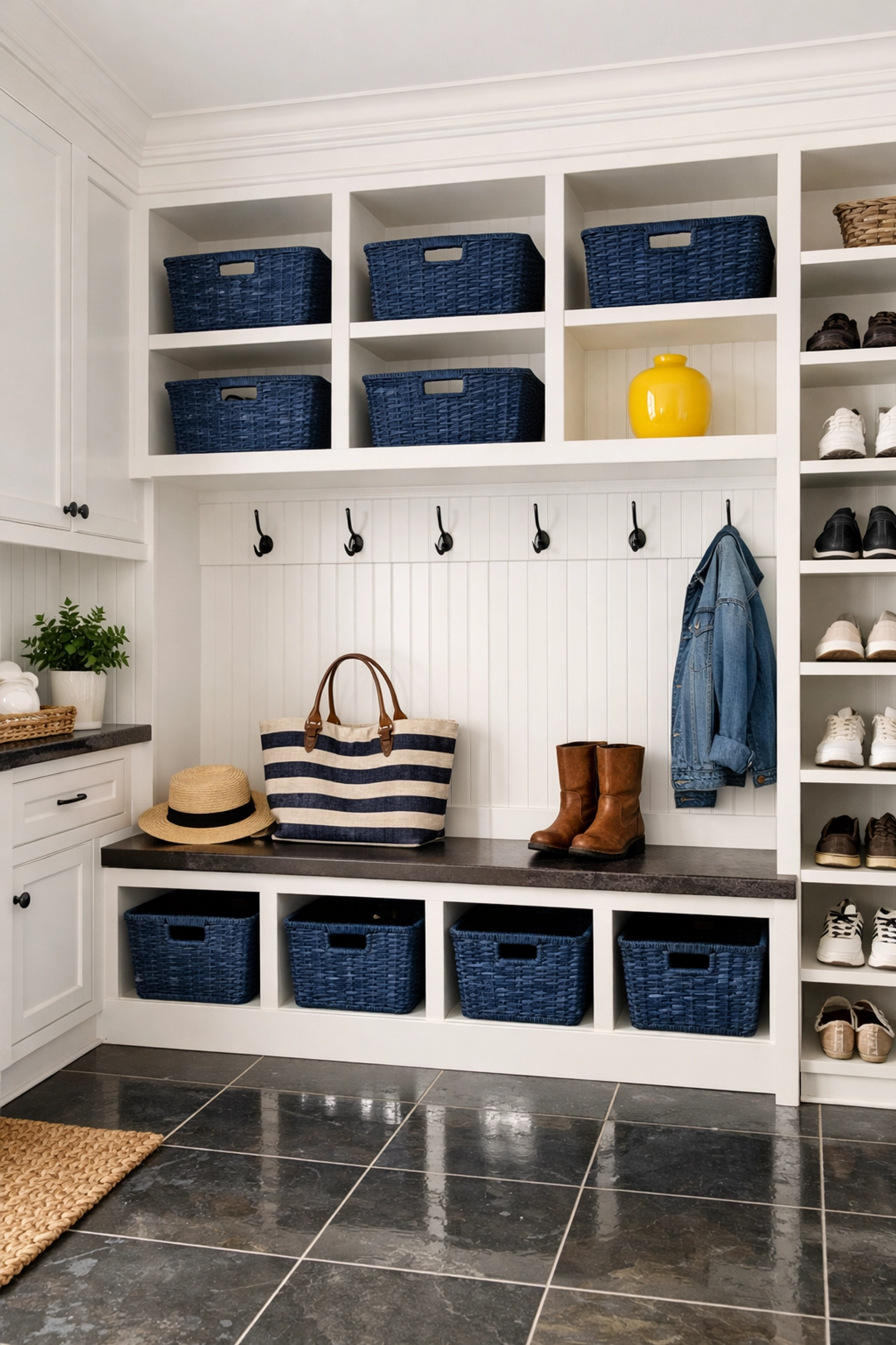 Organized mudroom with pristine slate floors and white cabinetry in a professionally cleaned Southborough house.