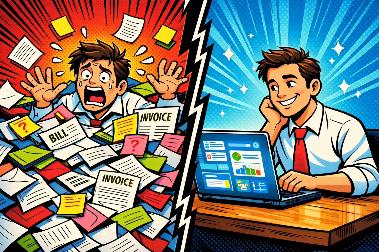 Business owner overwhelmed by paperwork vs calm using AI business automation tools