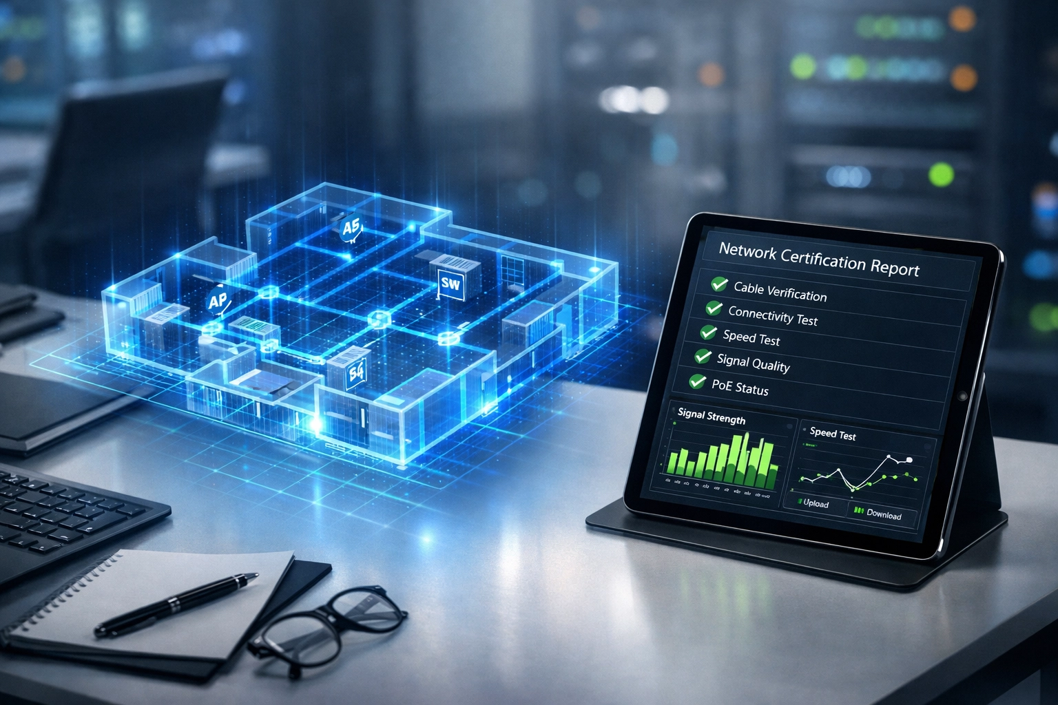 Professional network cabling digital map and certification report for organized office infrastructure.