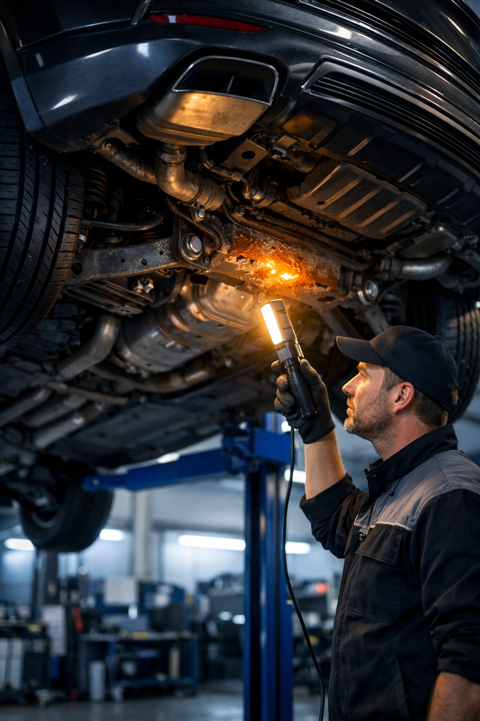 Professional inspection of an SUV undercarriage for chassis rust at a car underbody protection service center.