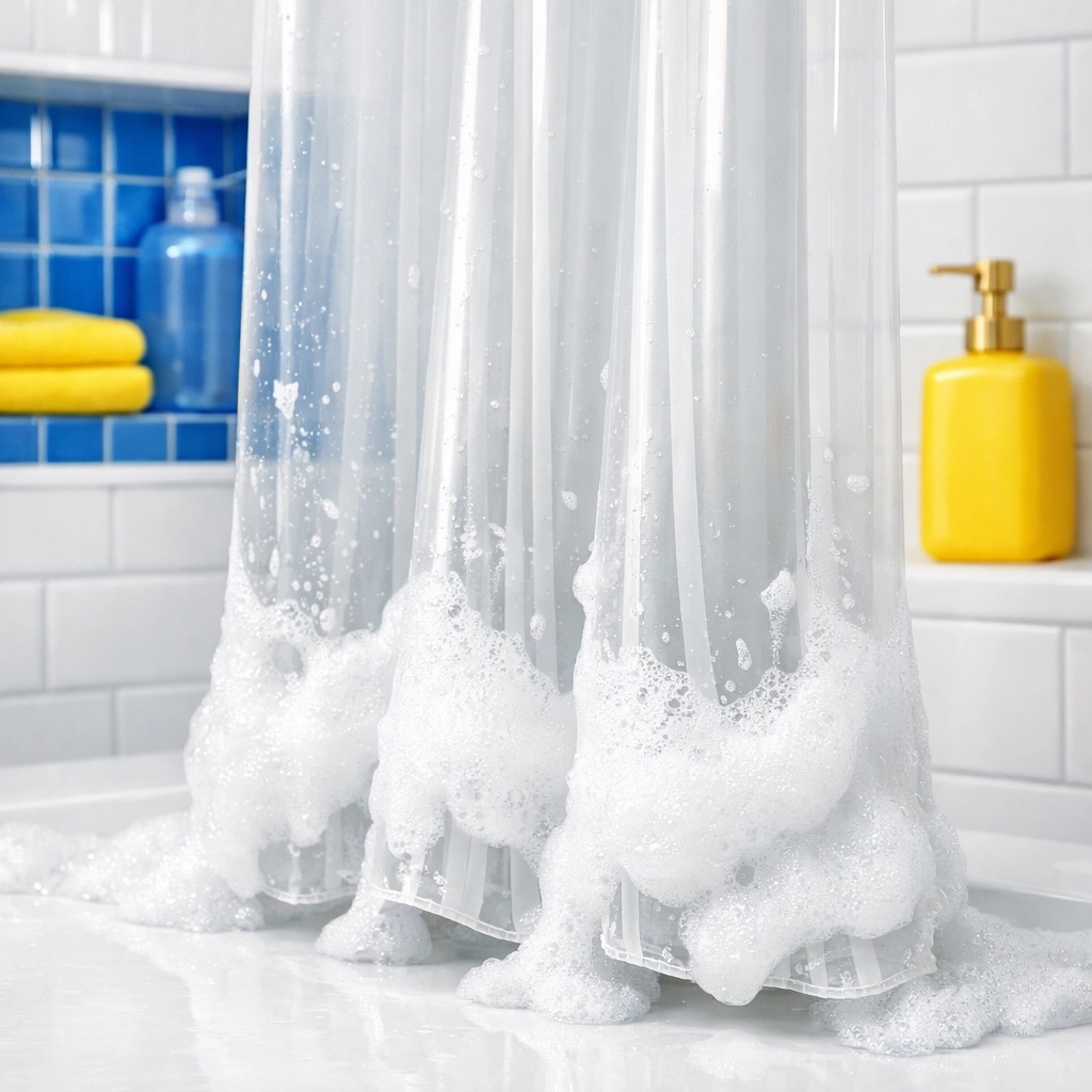 Thick cleaning foam on a vinyl shower liner designed to remove mold and mildew stains without heavy scrubbing.