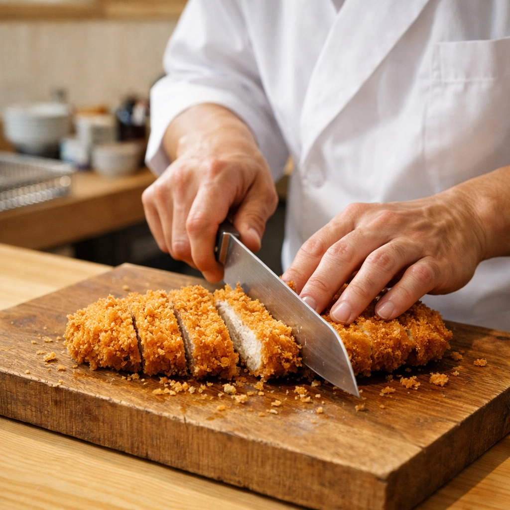 A chef slicing golden crispy Tonkatsu in Meguro, highlighting authentic Japanese food culture.