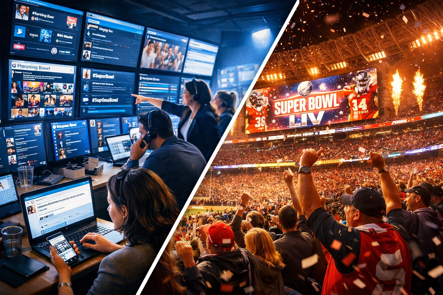 Social media command center monitoring real-time Super Bowl marketing engagement and analytics