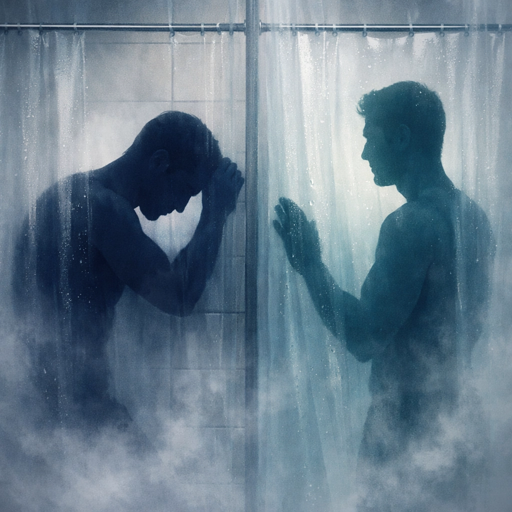 Two gay men having supportive conversation through shower curtains in locker room