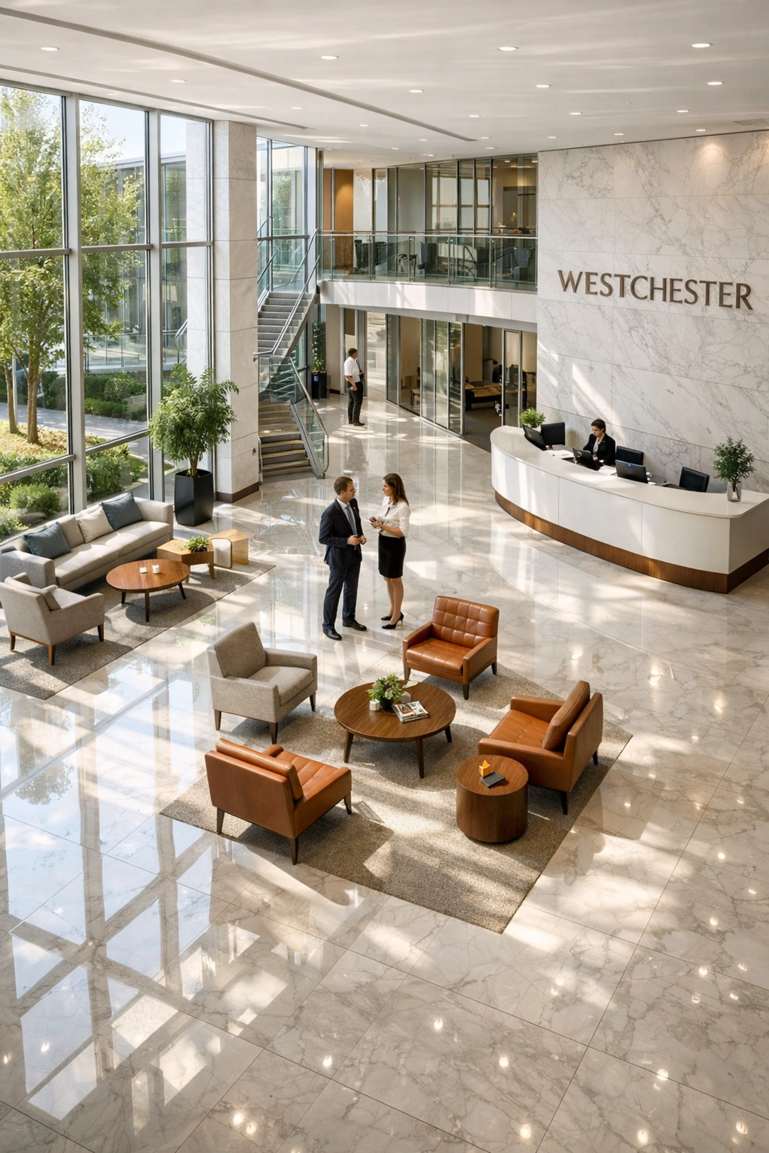 Modern corporate lobby in Westchester County NY maintained by professional commercial cleaning services.
