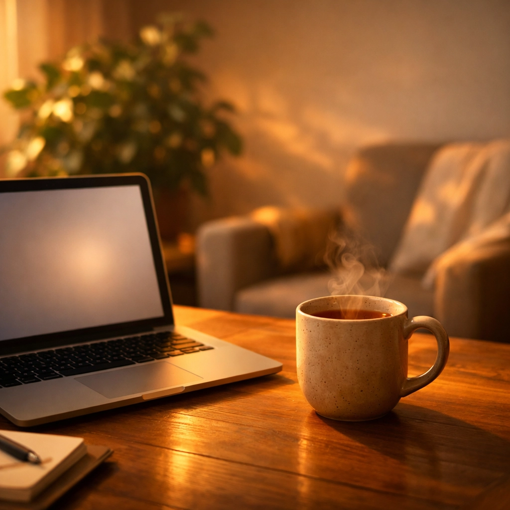 Békés otthoni környezet laptopal a diszkrét, online szexuálterápiás tanácsadáshoz.