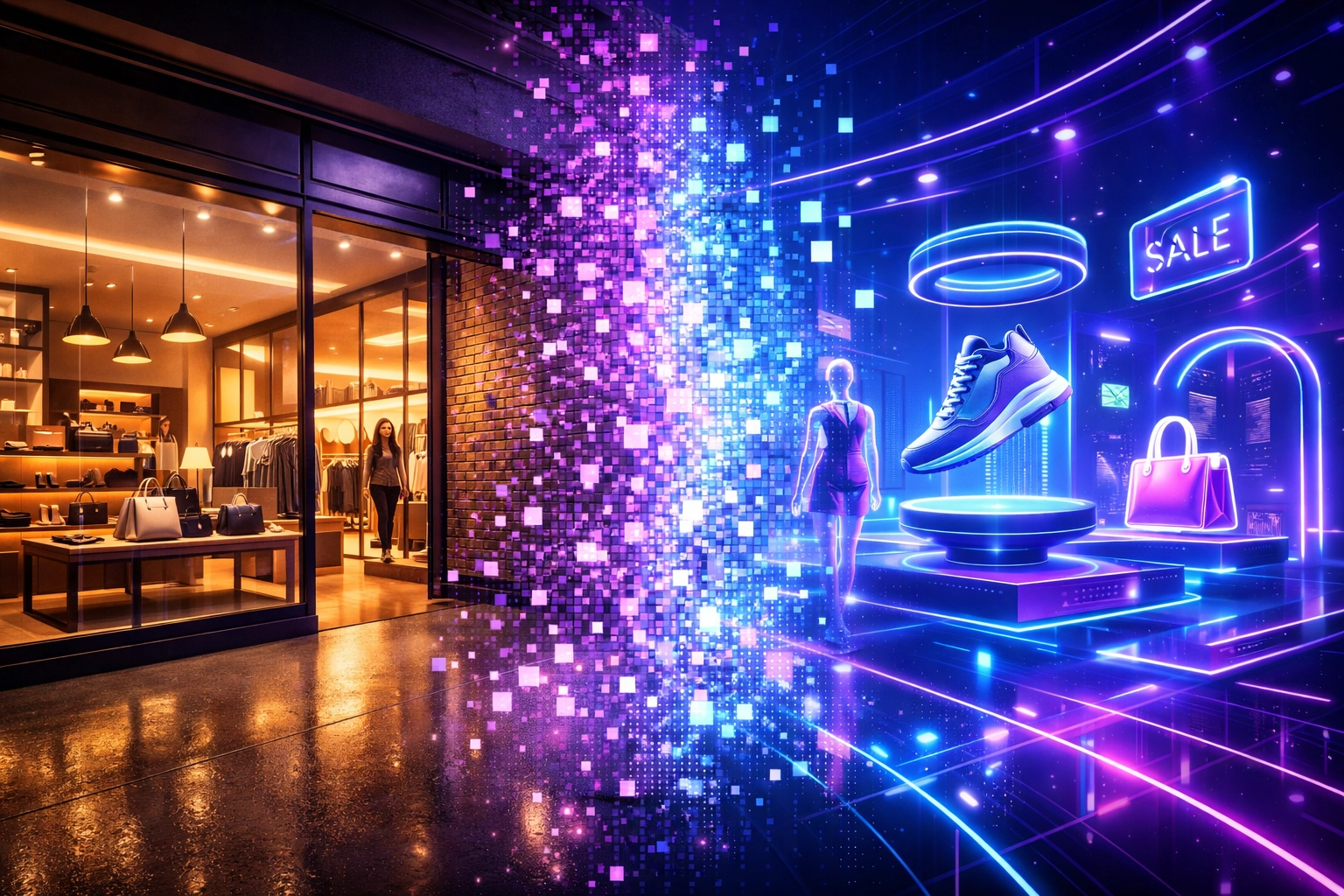 Hybrid retail space merging brick-and-mortar store with metaverse shopping environment