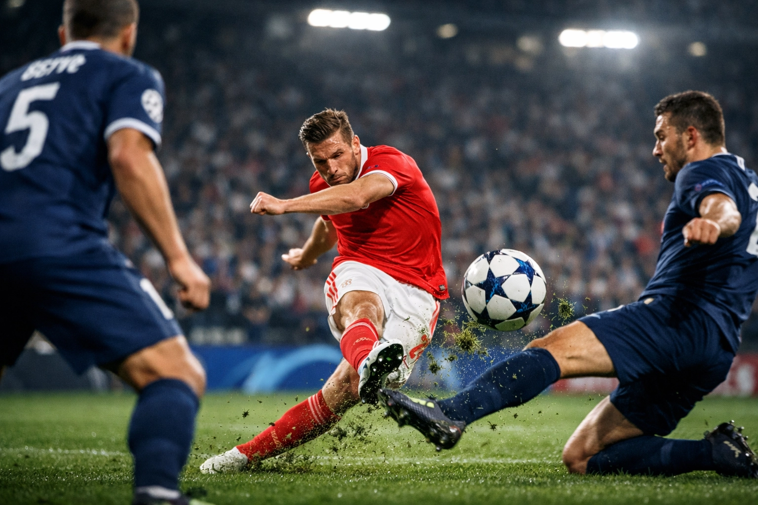 Champions League action with Bayern striker attacking against PSG defenders