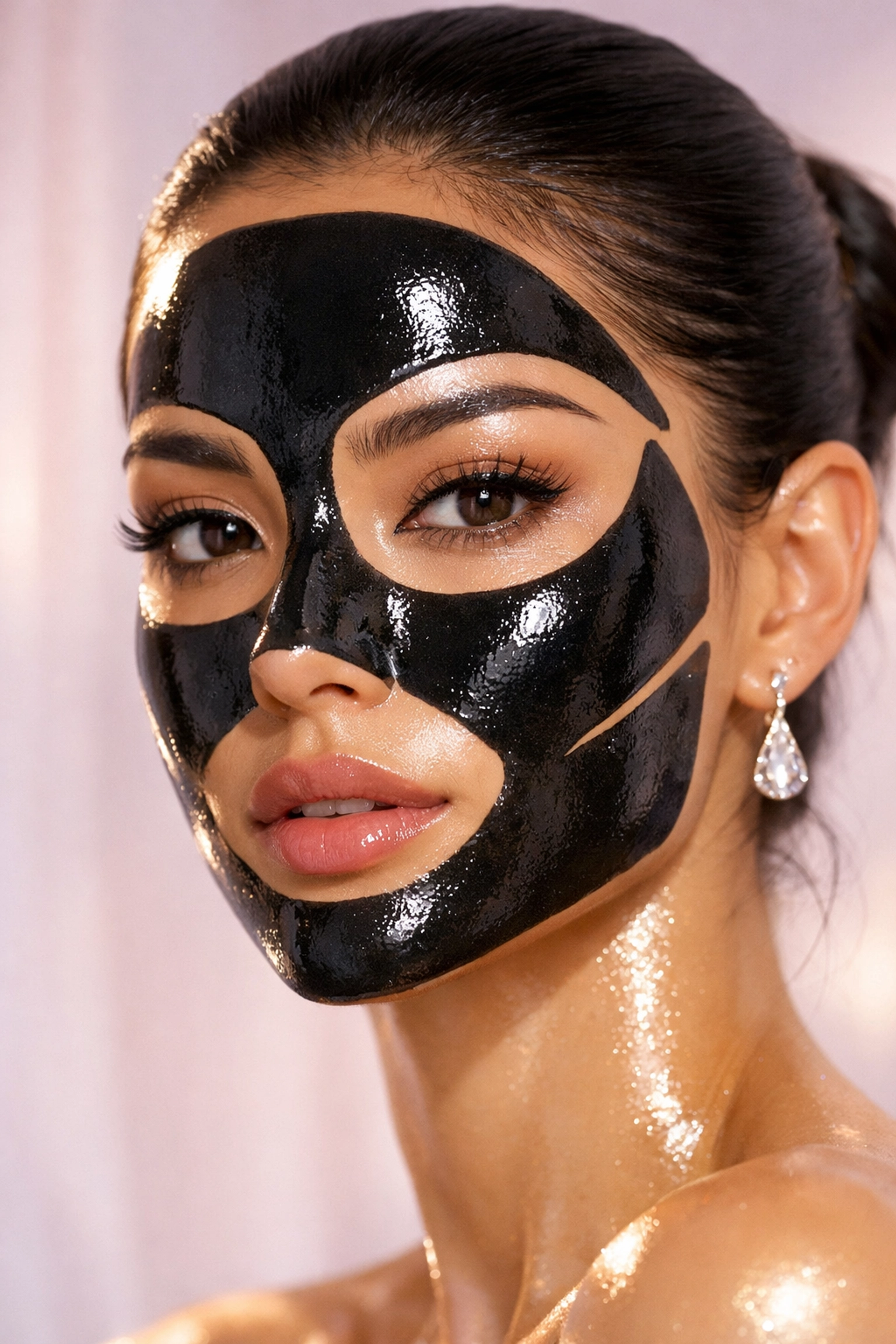 Close-up of a woman with a liquid carbon facial mask for deep pore cleansing and acne treatment in Feasterville.