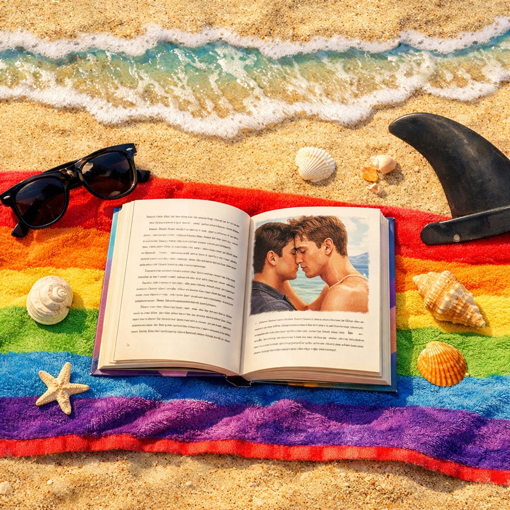 MM romance beach read on rainbow towel with surfboard and ocean waves in background