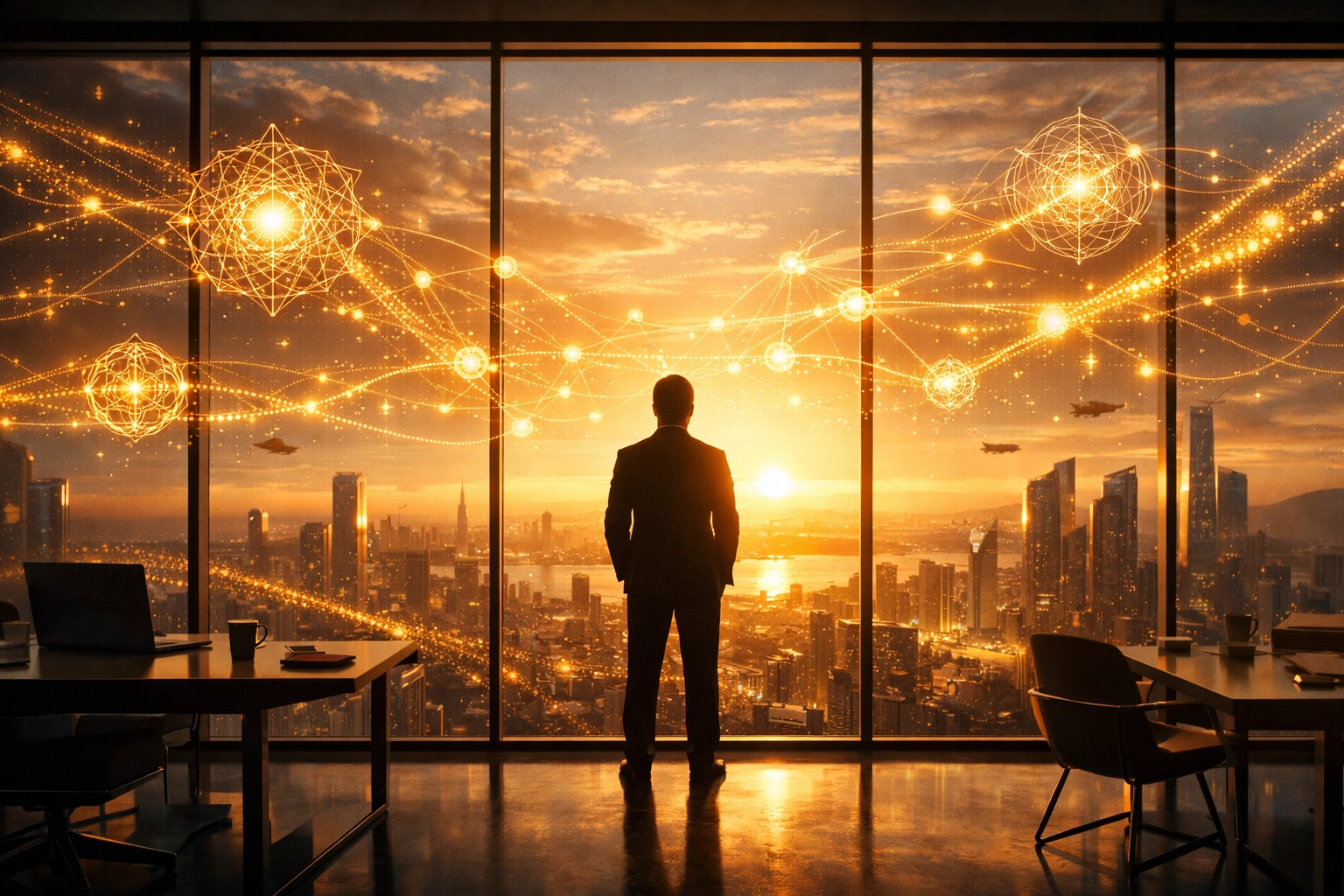 Futuristic neural network visualization over a city, symbolizing the growth of AI-driven Web3 commerce.