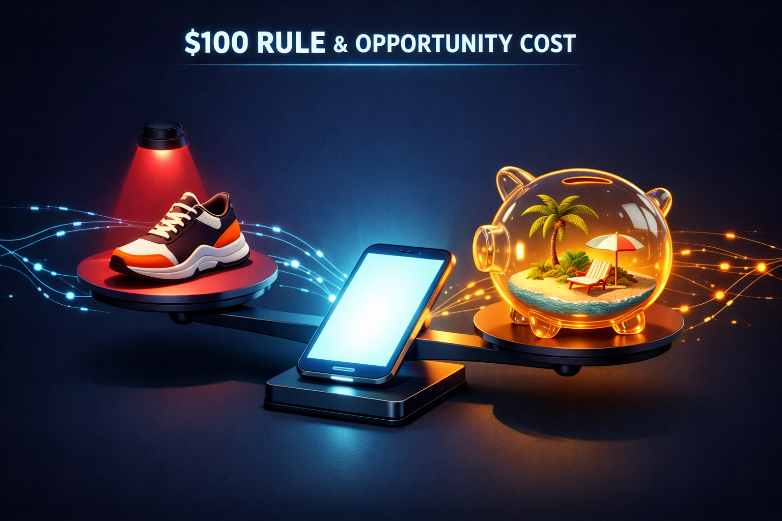 Personal finance AI weighing the cost of a sneaker against a vacation savings goal to illustrate the $100 rule.