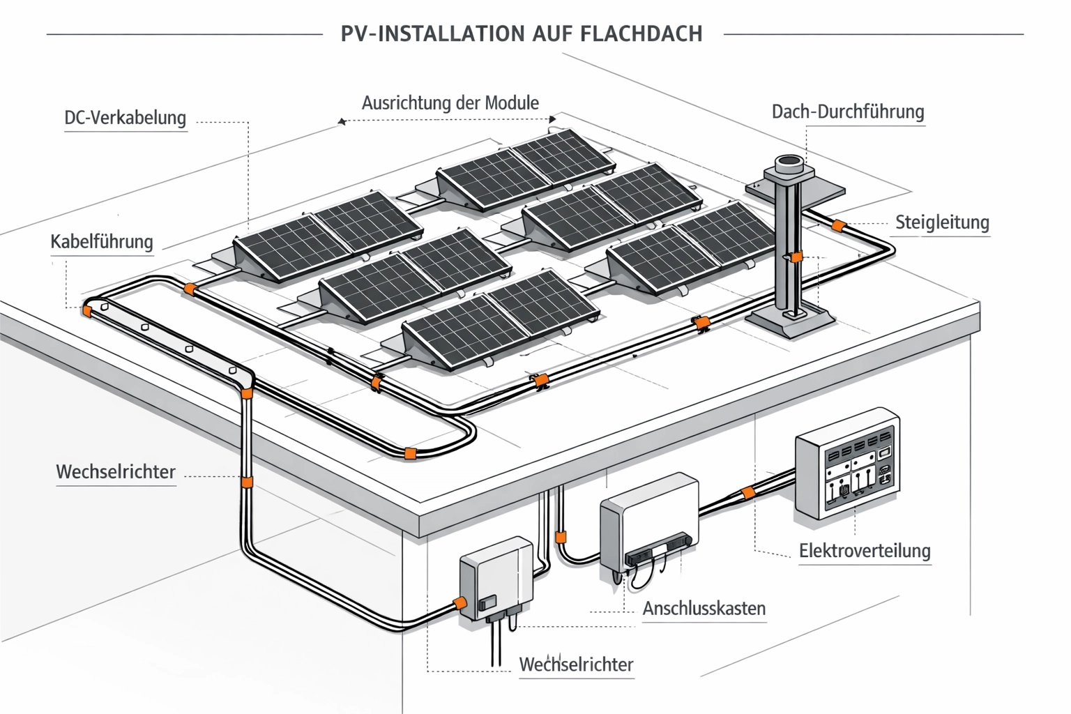 Technische Darstellung der Photovoltaik-Montage auf einem Wiener Flachdach inklusive Verkabelung.