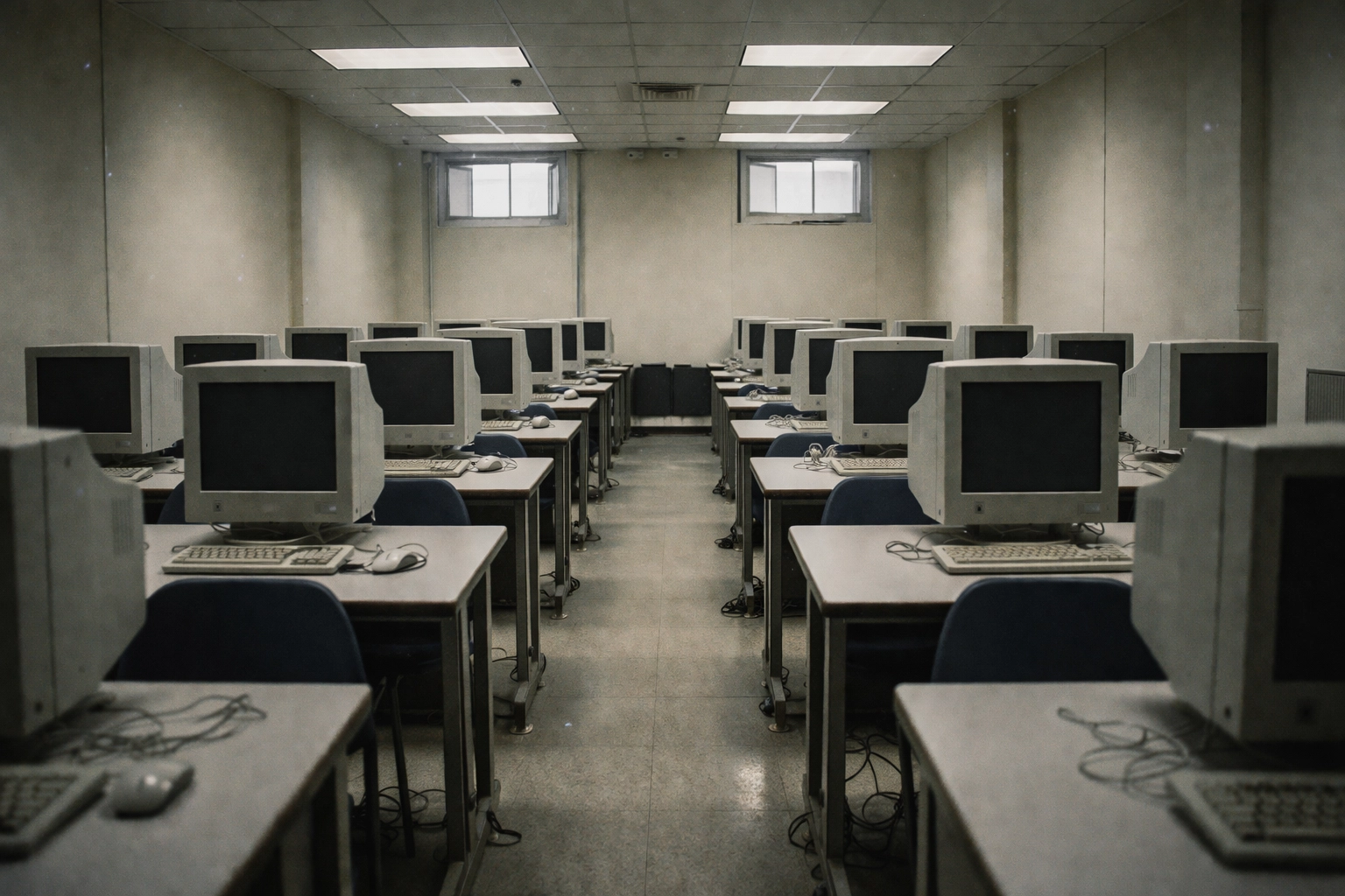 Outdated school computer lab with rows of old monitors, highlighting rigid layouts of traditional labs