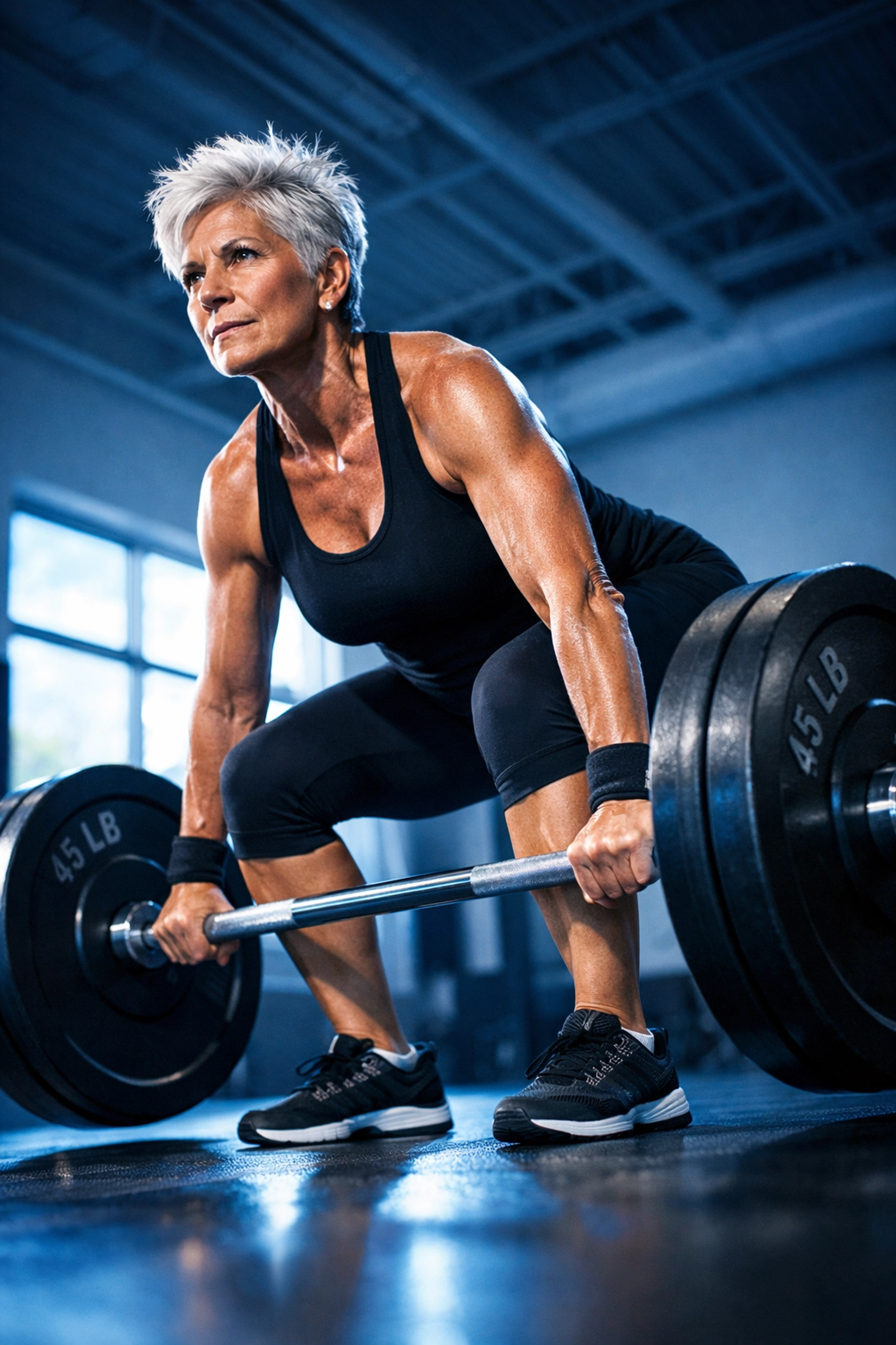 Woman in her 60s performing barbell deadlift with proper form demonstrating safe strength training