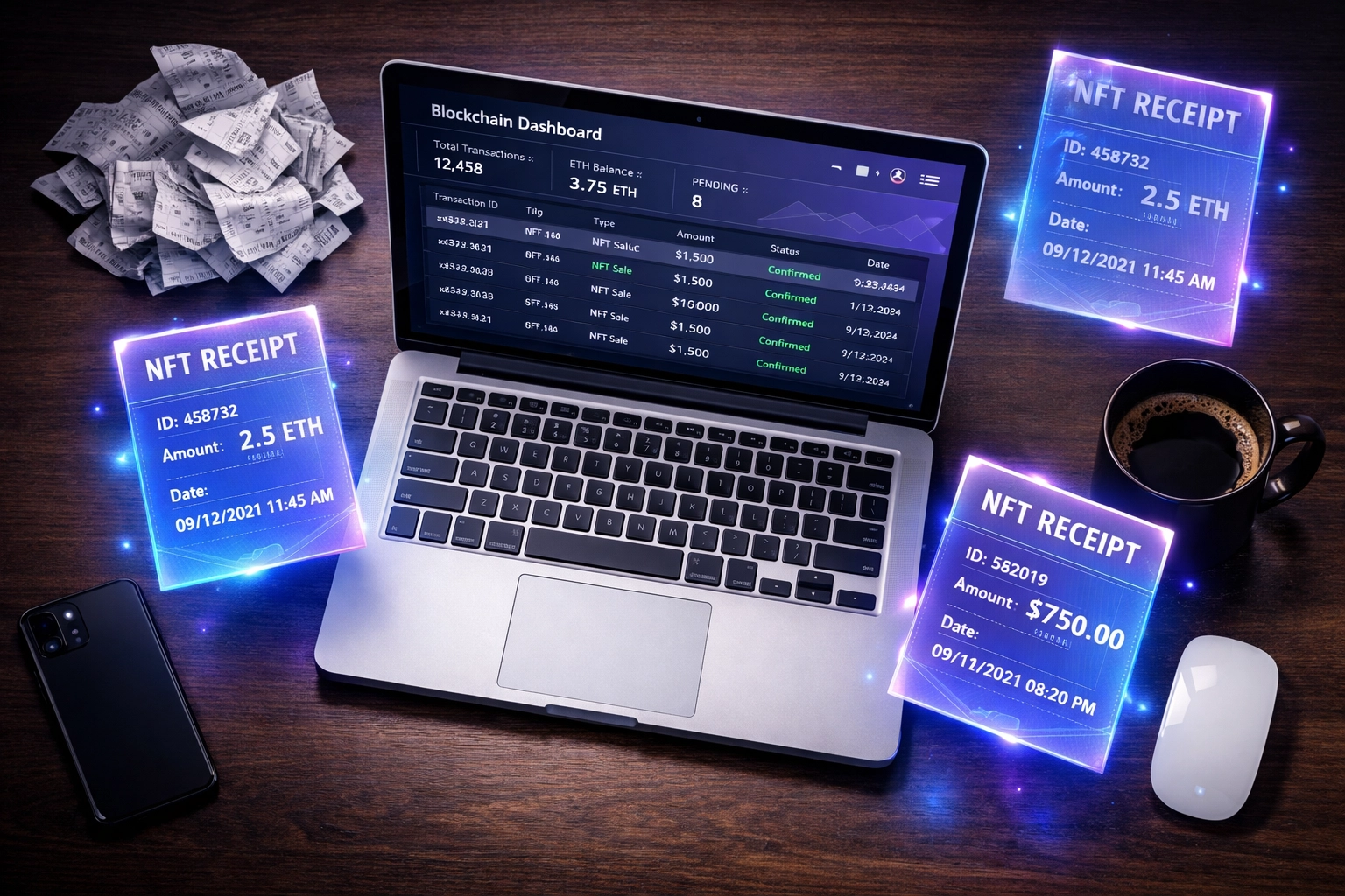 NFT receipt dashboard compared to traditional paper receipts for crypto merchant accounting