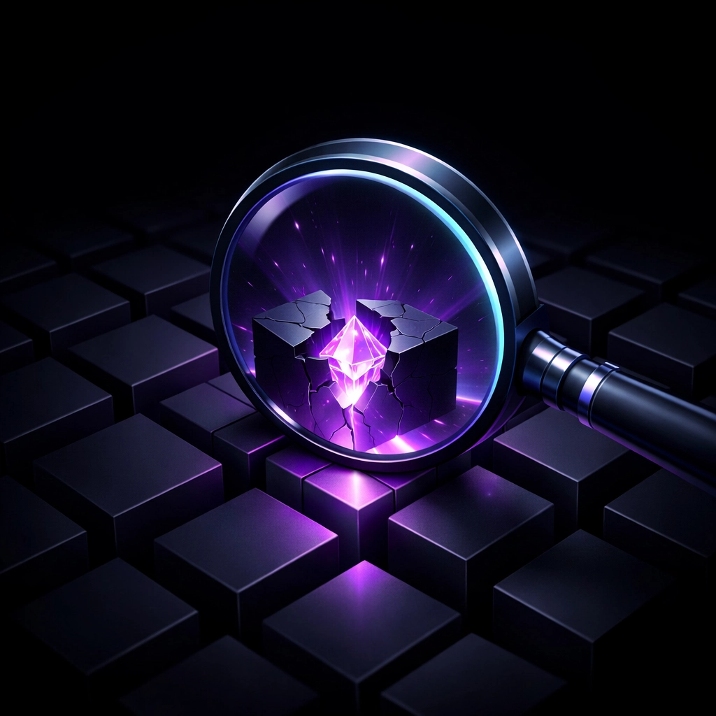 AI magnifying glass uncovering hidden content gaps and SEO goldmines in a digital grid.