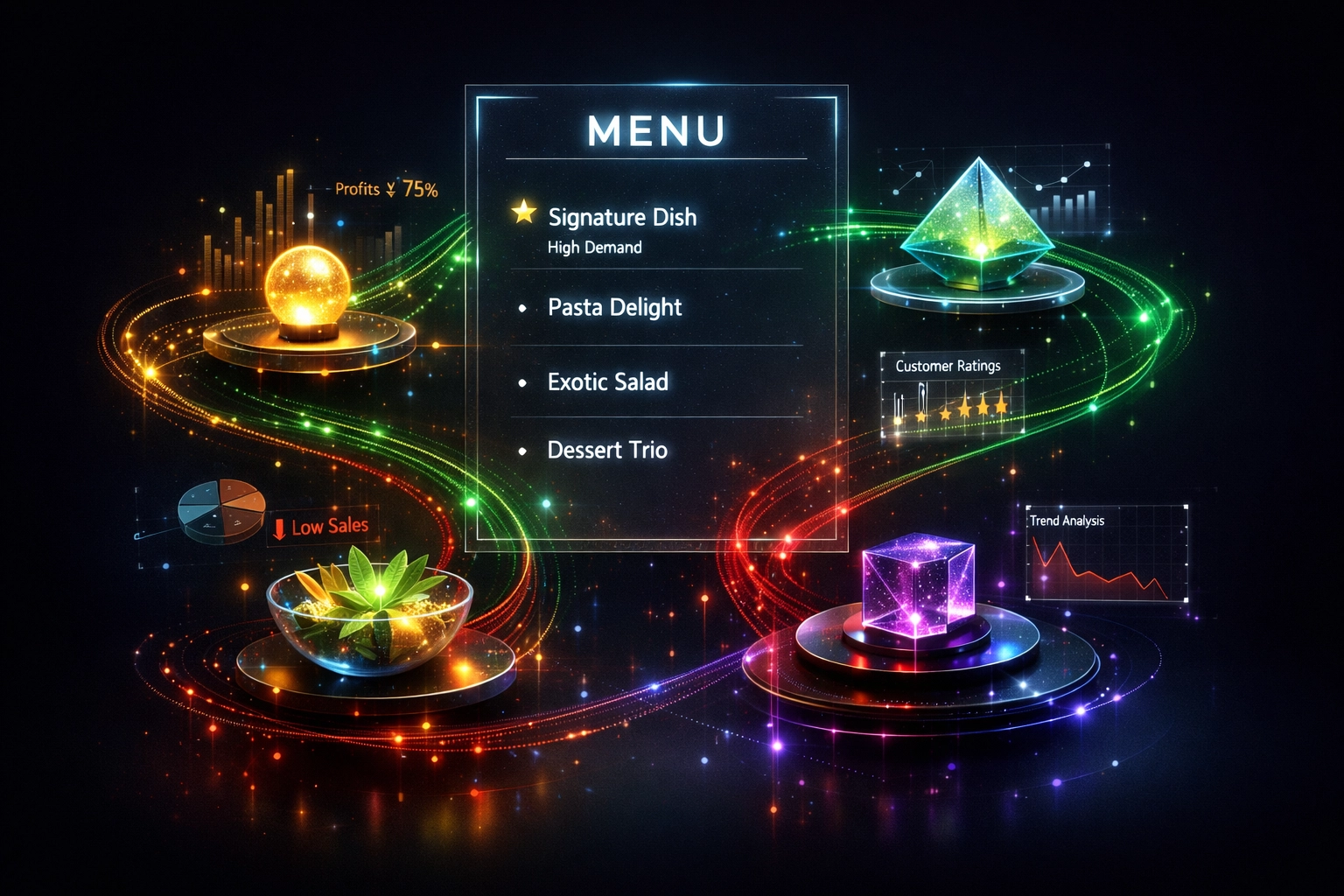 AI-driven menu analytics displaying dish profitability and customer preference data