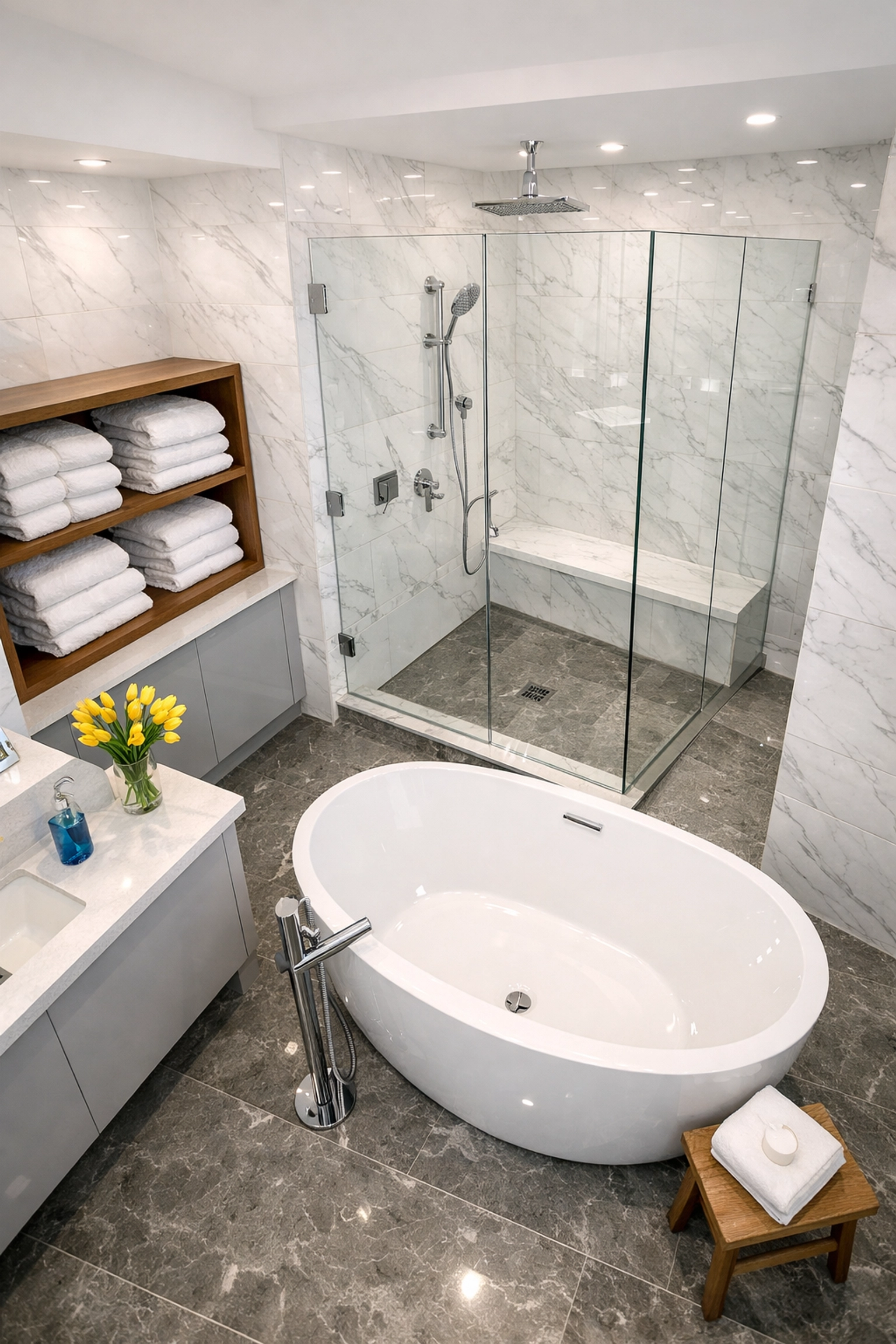 Pristine white marble bathroom cleaned by professional house cleaning Worcester MA experts.