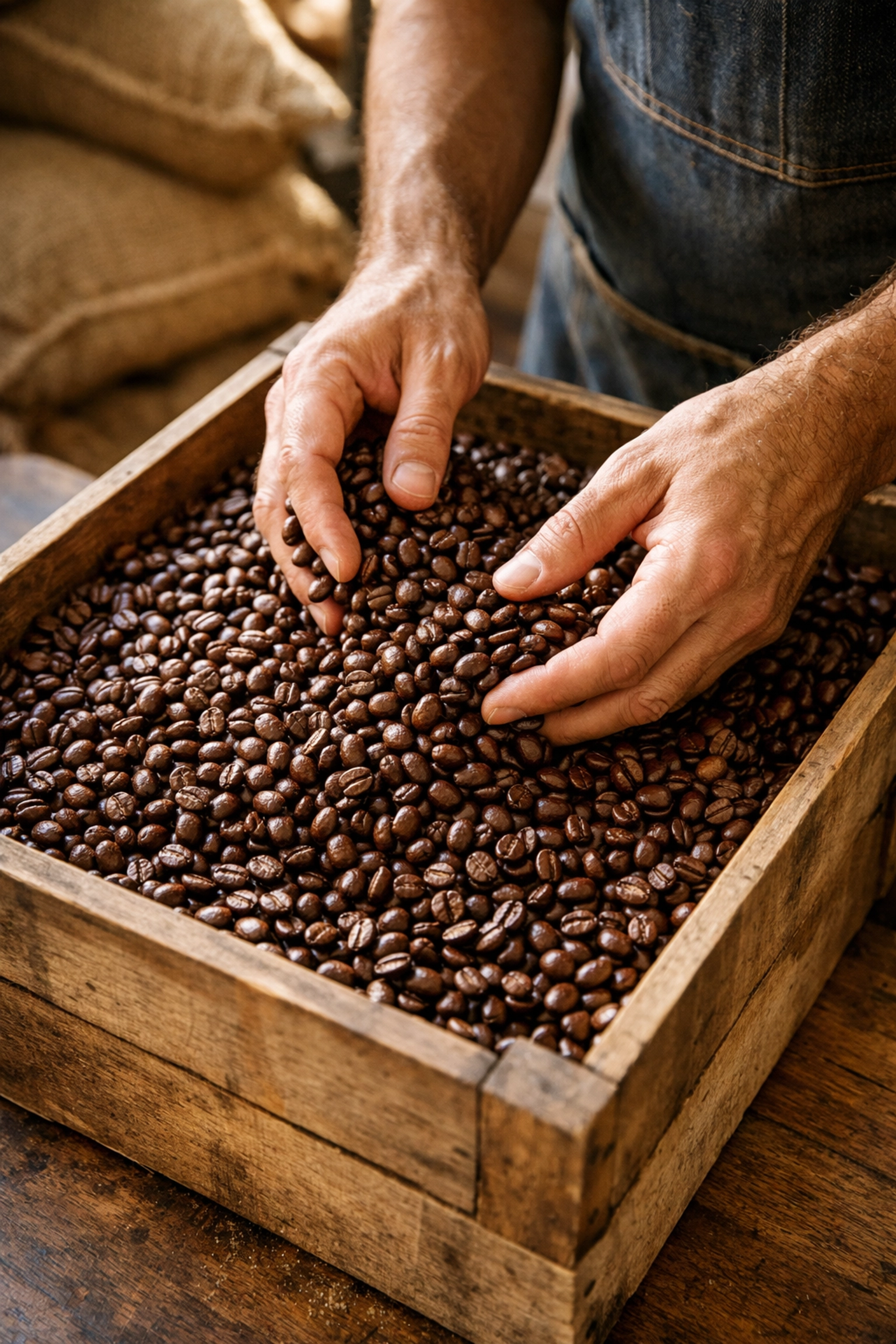 A coffee roaster inspecting fresh specialty coffee beans to ensure quality and consistency for wholesale partners.