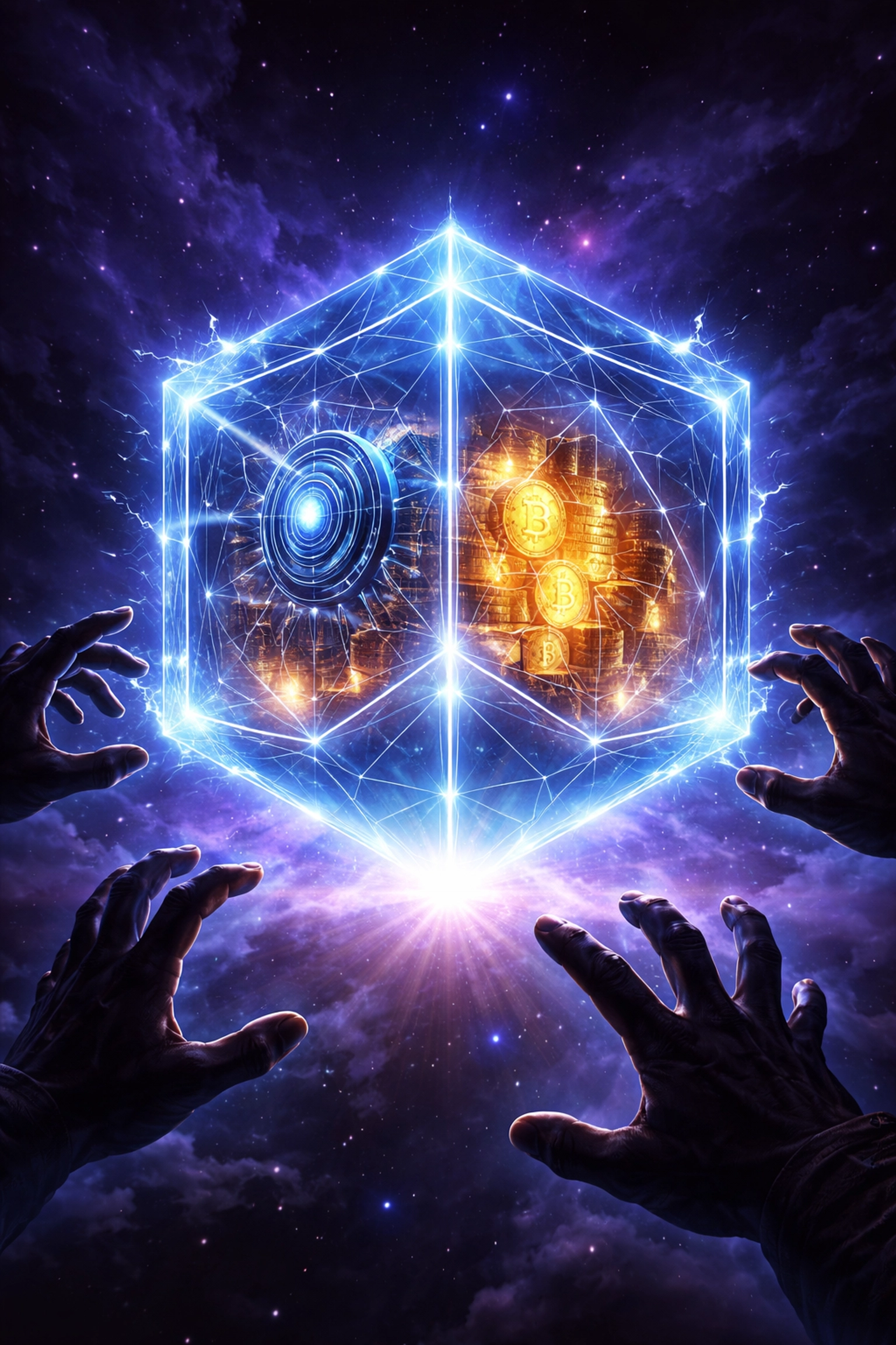Crystal vault protecting glowing tokens in space, symbolizing secure and sovereign crypto fund custody with Larecoin.