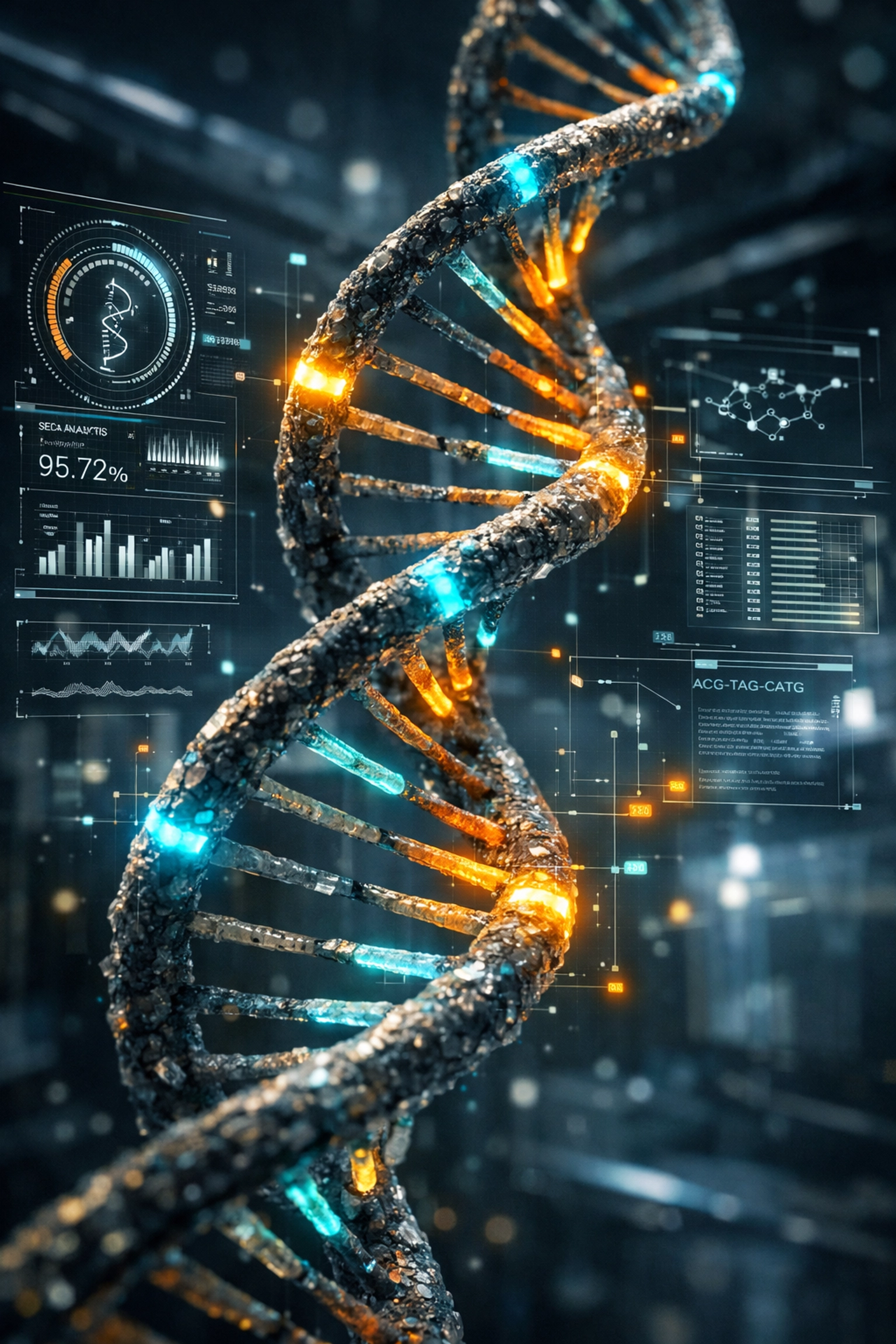 Digital DNA helix with glowing biometric data points representing precision health and longevity testing.