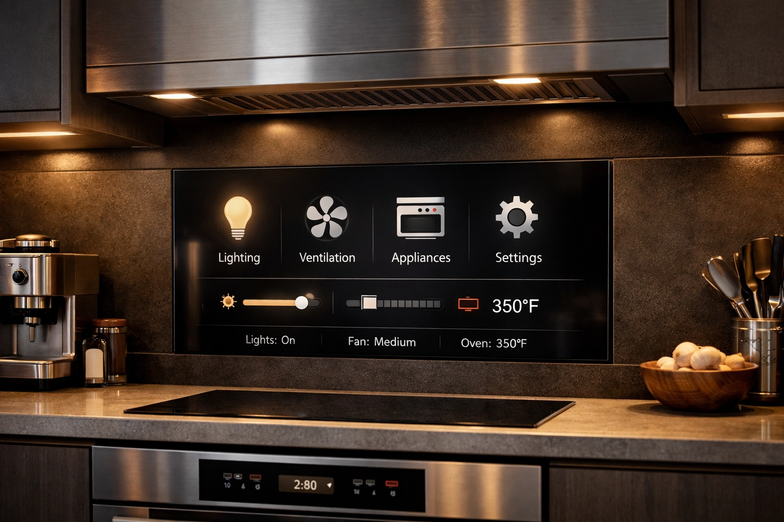 Smart kitchen technology hub controlling appliances and lighting