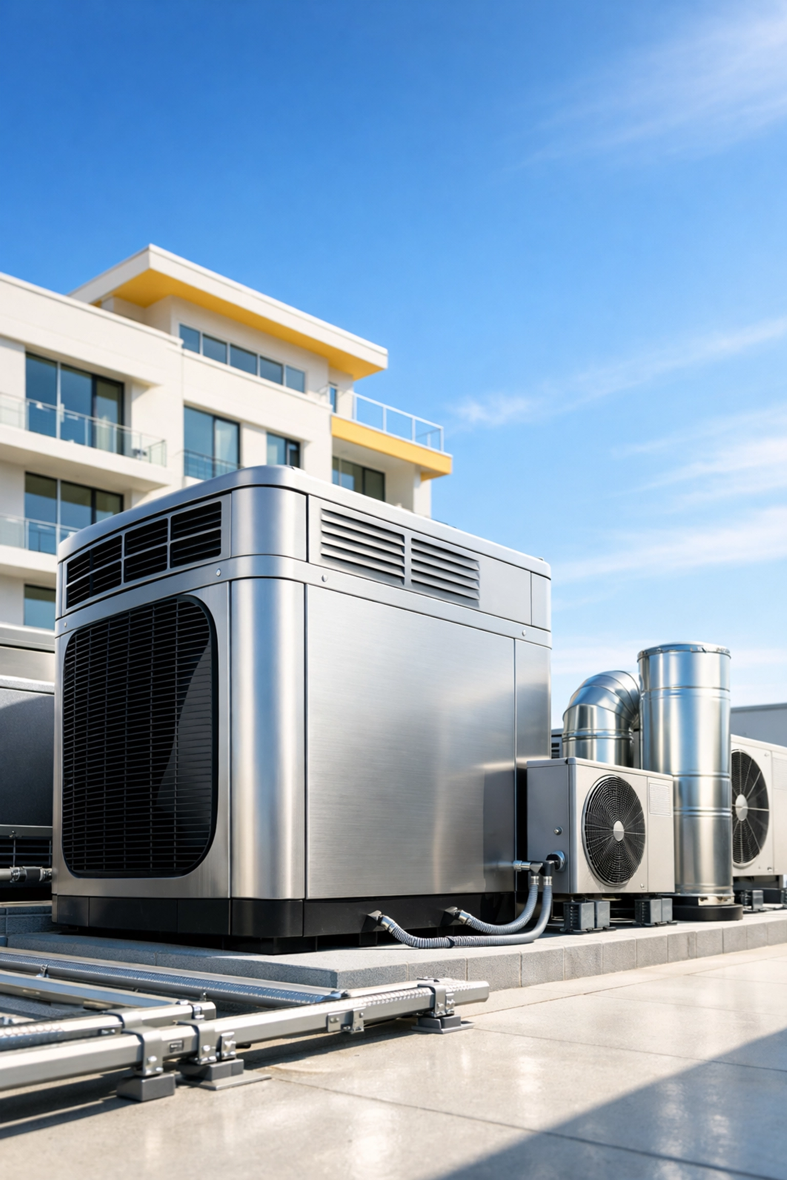 Modern rooftop HVAC system on a multi-unit property undergoing spring maintenance.