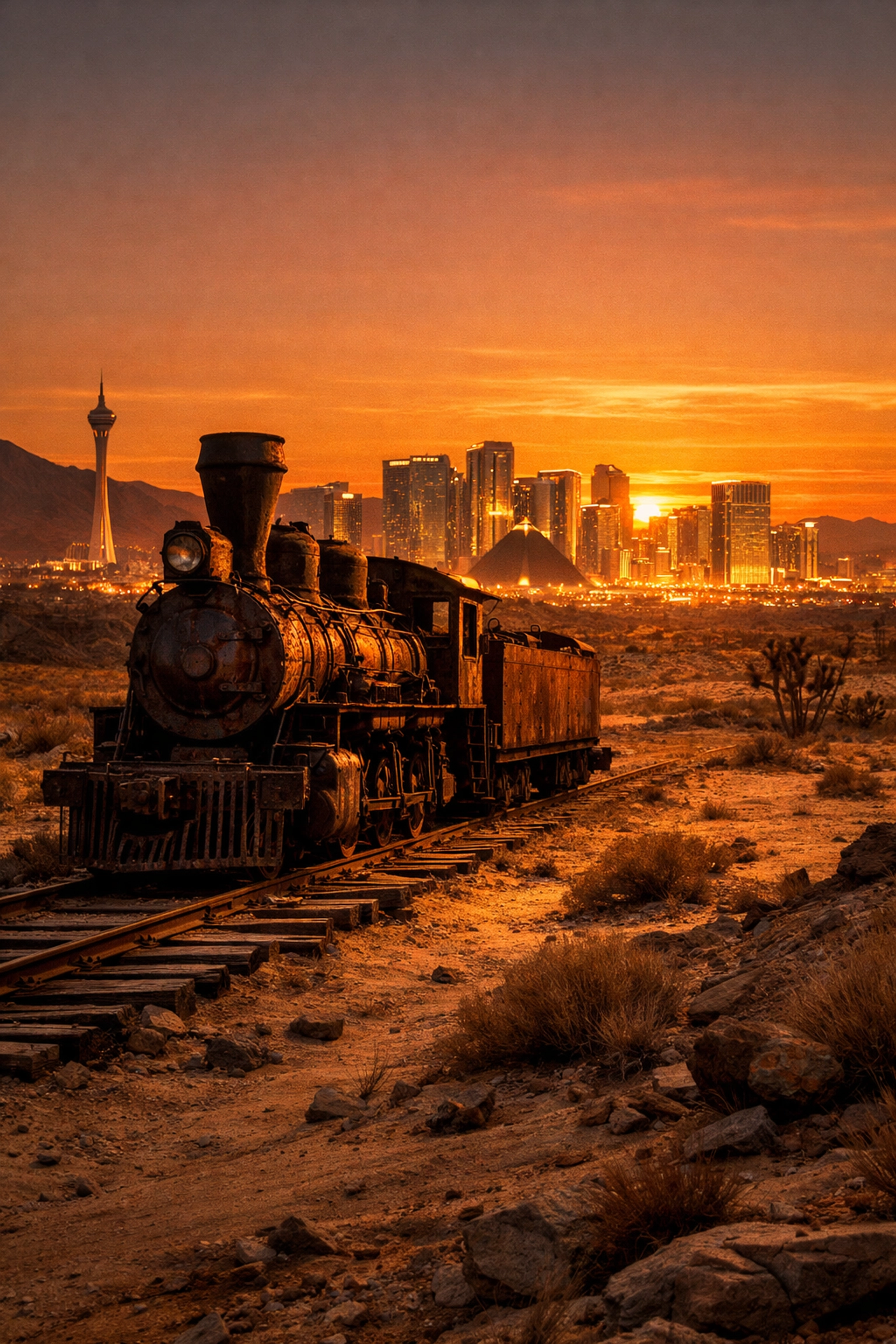 Historic steam train in the Mojave Desert with the Las Vegas Strip skyline at sunset.