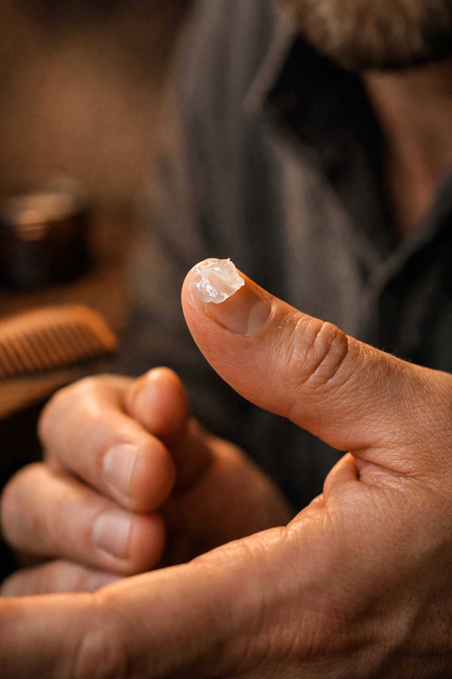 Proper application of a pea-sized amount of beard wax for a clean, styled look.