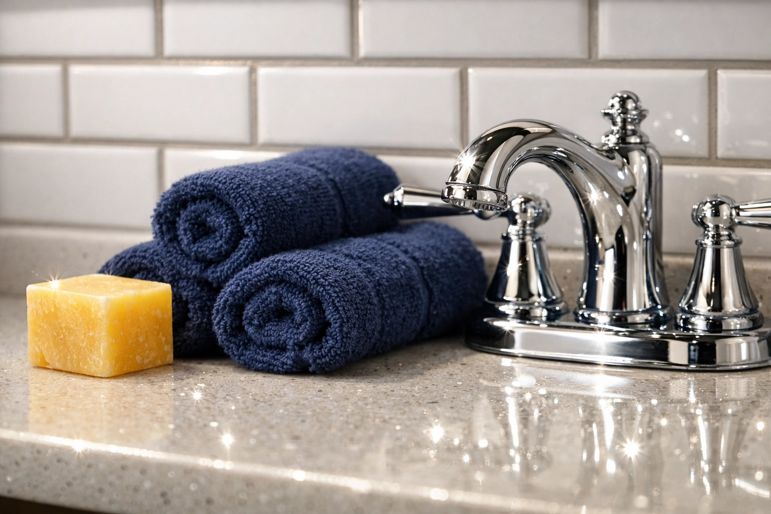 Detailed view of a sanitized bathroom vanity and polished fixtures from a professional house cleaning in Stow.