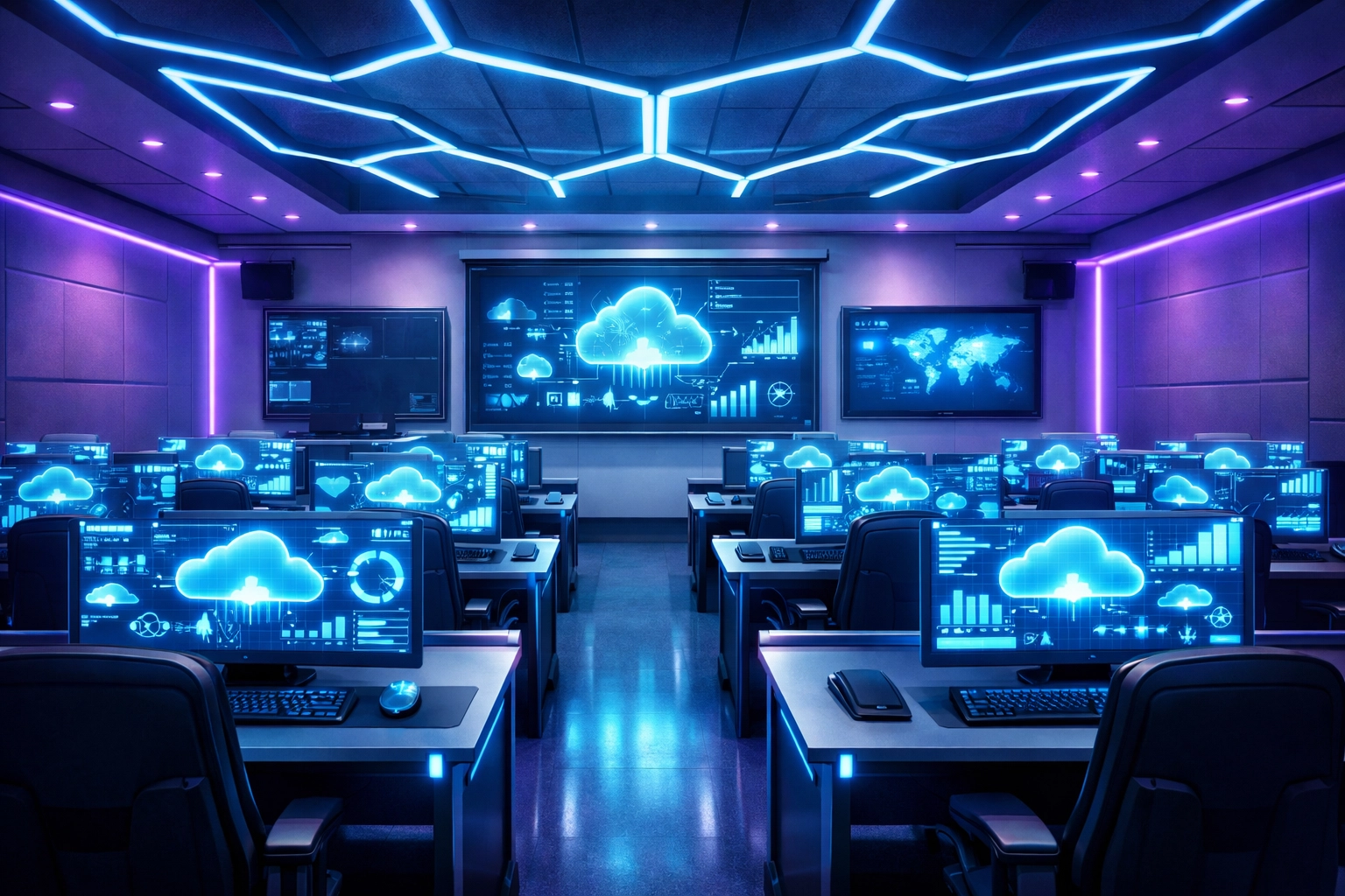 Modern high school classroom with EsportsPod gaming stations and cloud computing displays