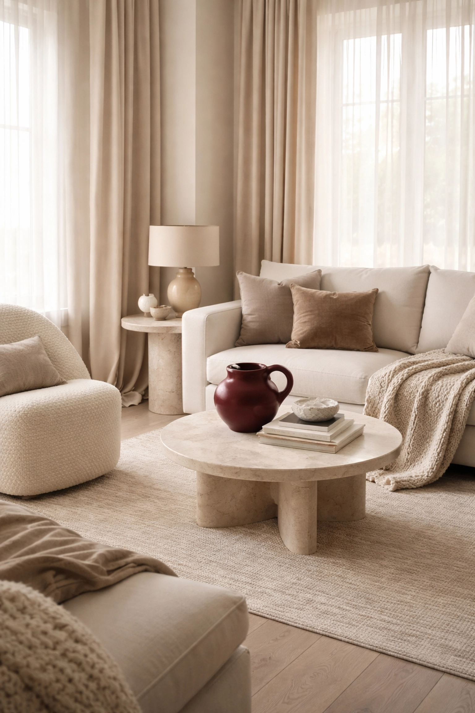Refined neutral living space with tonal layering, performance fabric sofa, and statement burgundy vase