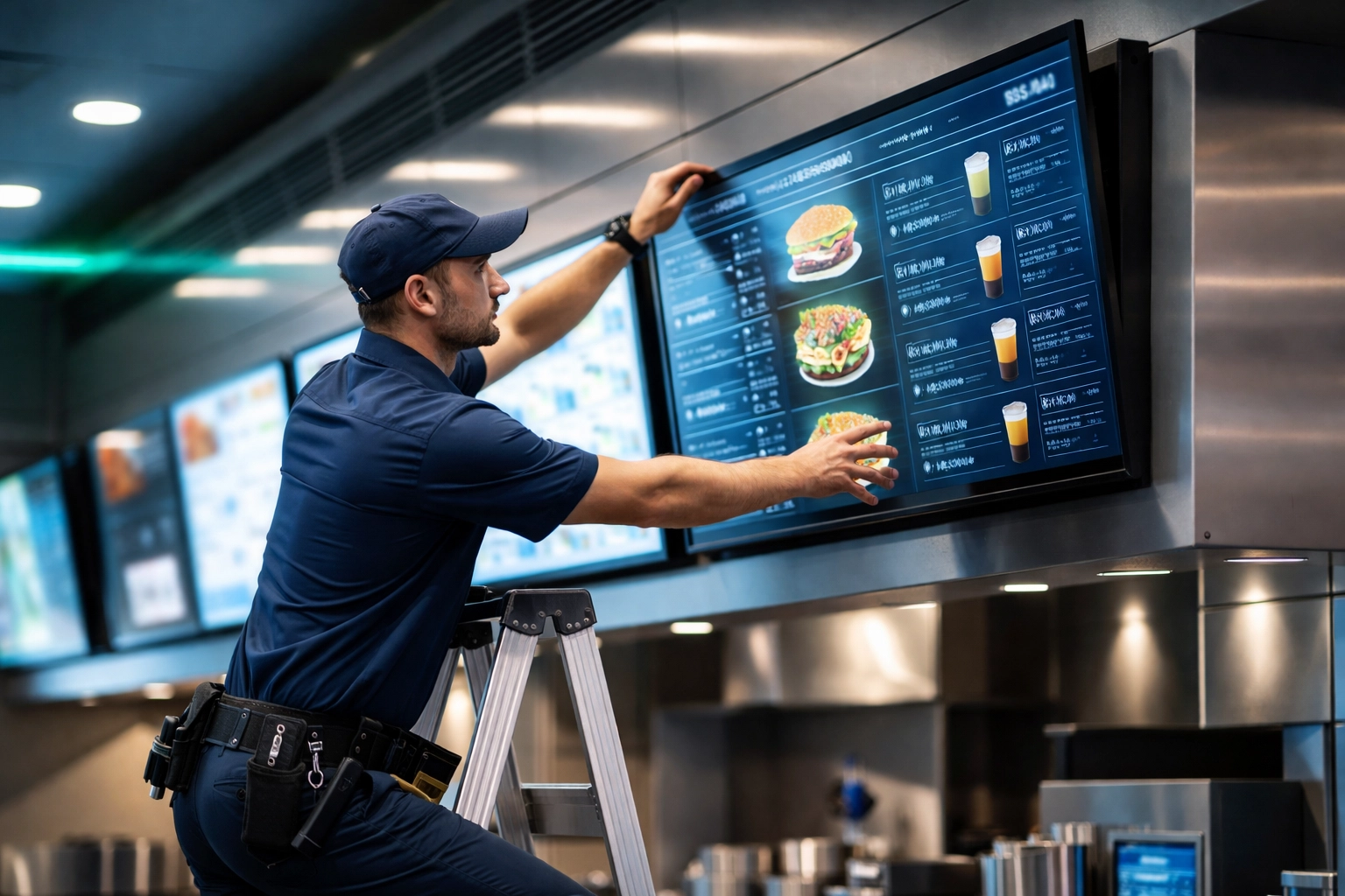 Technician installing a digital menu board in a modern restaurant, showcasing professional IT field service