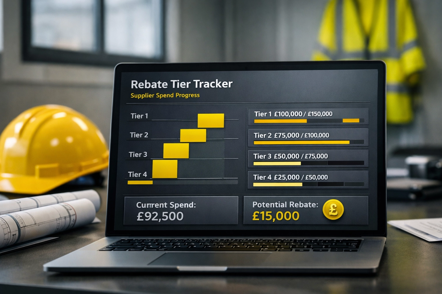Construction rebate tier tracking dashboard showing £ spend and tier progress