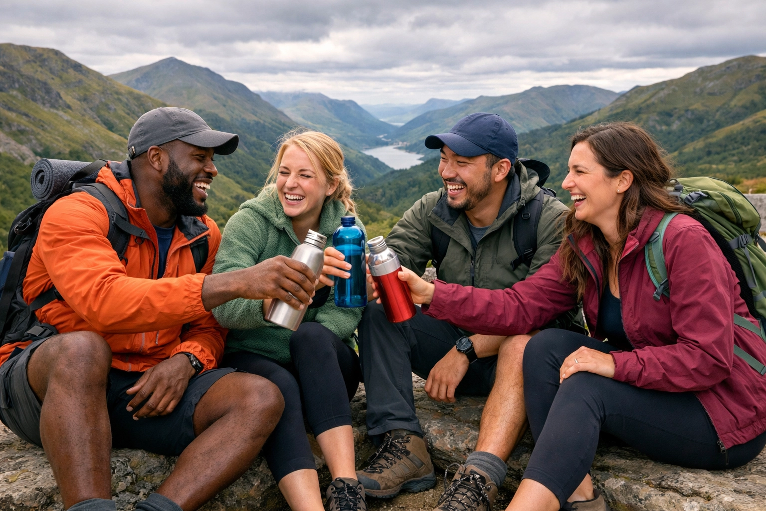 A group of hikers enjoys a break and camaraderie while on a guided hiking tour in the UK.