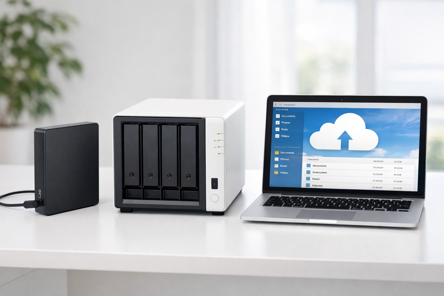 Three backup storage types for small business: external hard drive, NAS device, and cloud backup