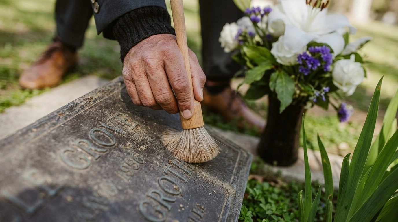 A hand using a soft brush on a memorial stone focused on the cleaning interface.