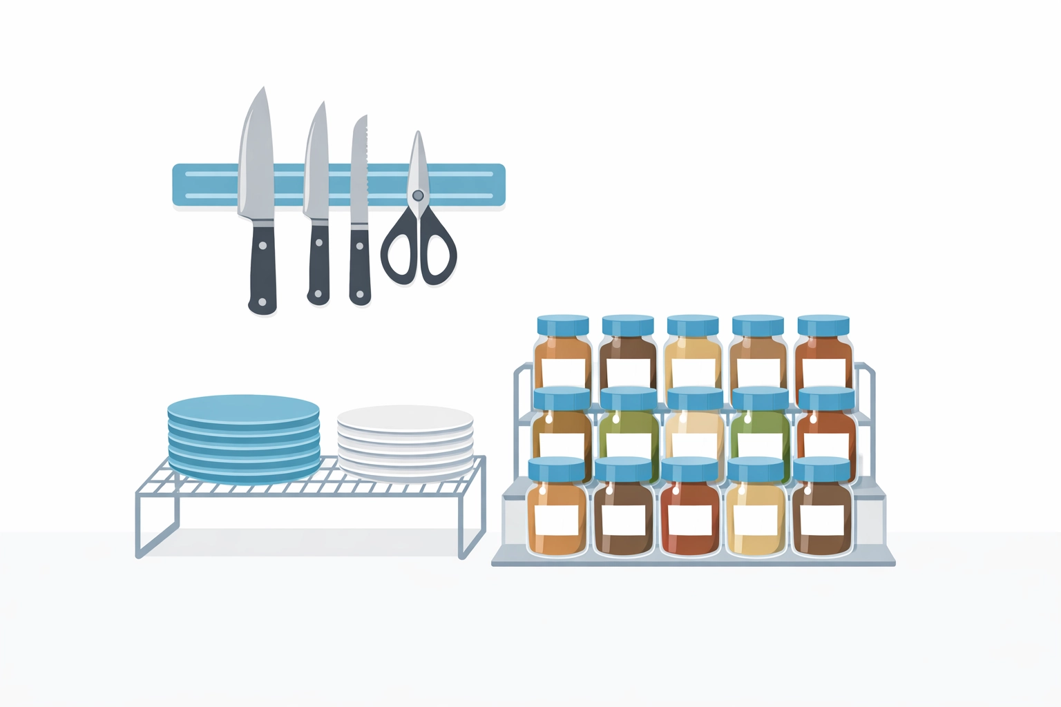 Smart kitchen organization featuring a magnetic knife strip and tiered shelf risers.