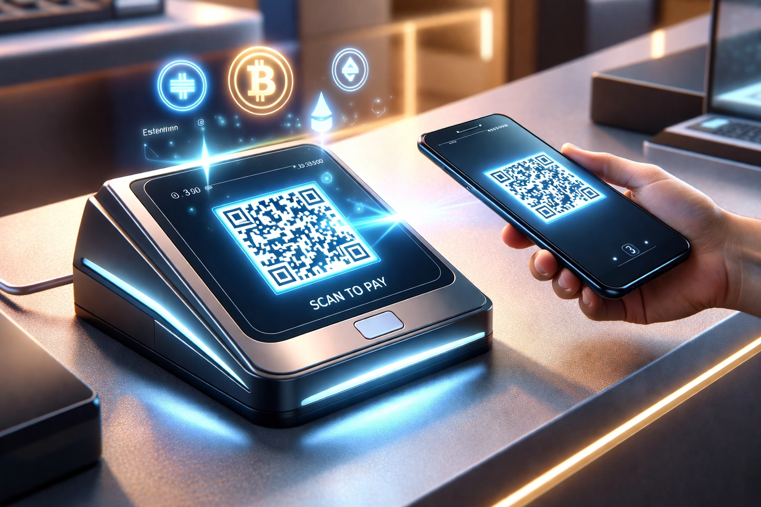 Modern crypto POS terminal and smartphone demonstrating fast Web3 payments with digital currencies for small business.