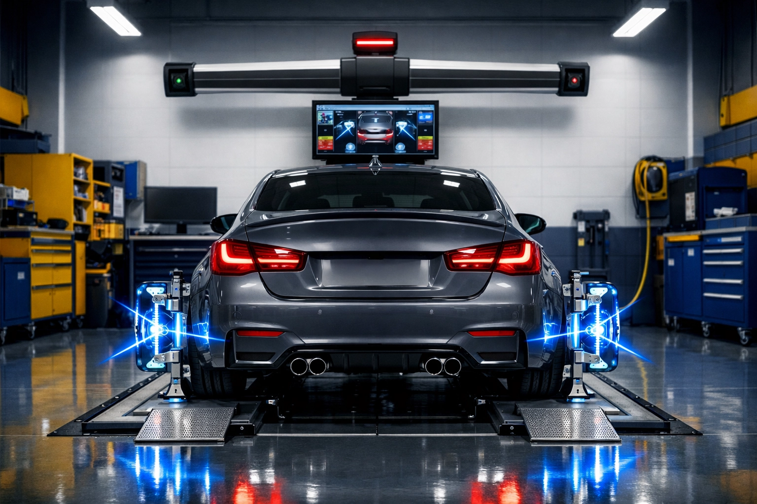 Precision laser wheel alignment system calibrating a car at Butterworth&rsquo;s Service Centre in Ingersoll.